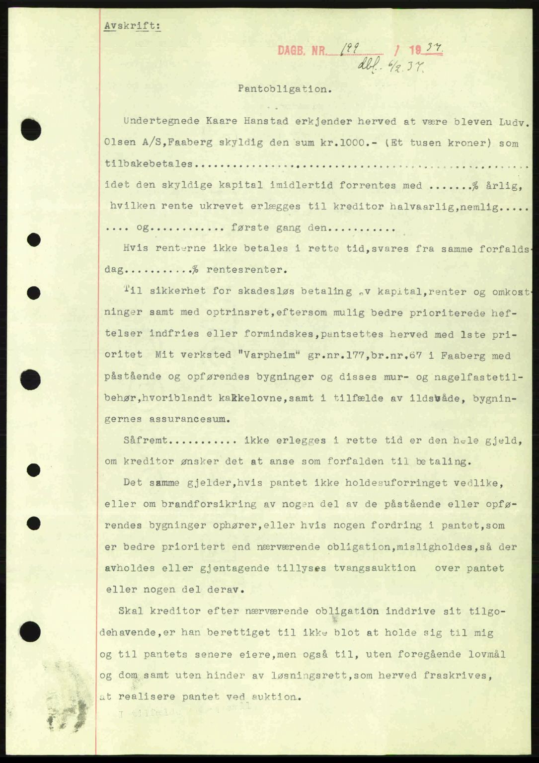 Sør-Gudbrandsdal tingrett, SAH/TING-004/H/Hb/Hbe/L0001: Mortgage book no. B1, 1936-1939, Diary no: : 199/1937