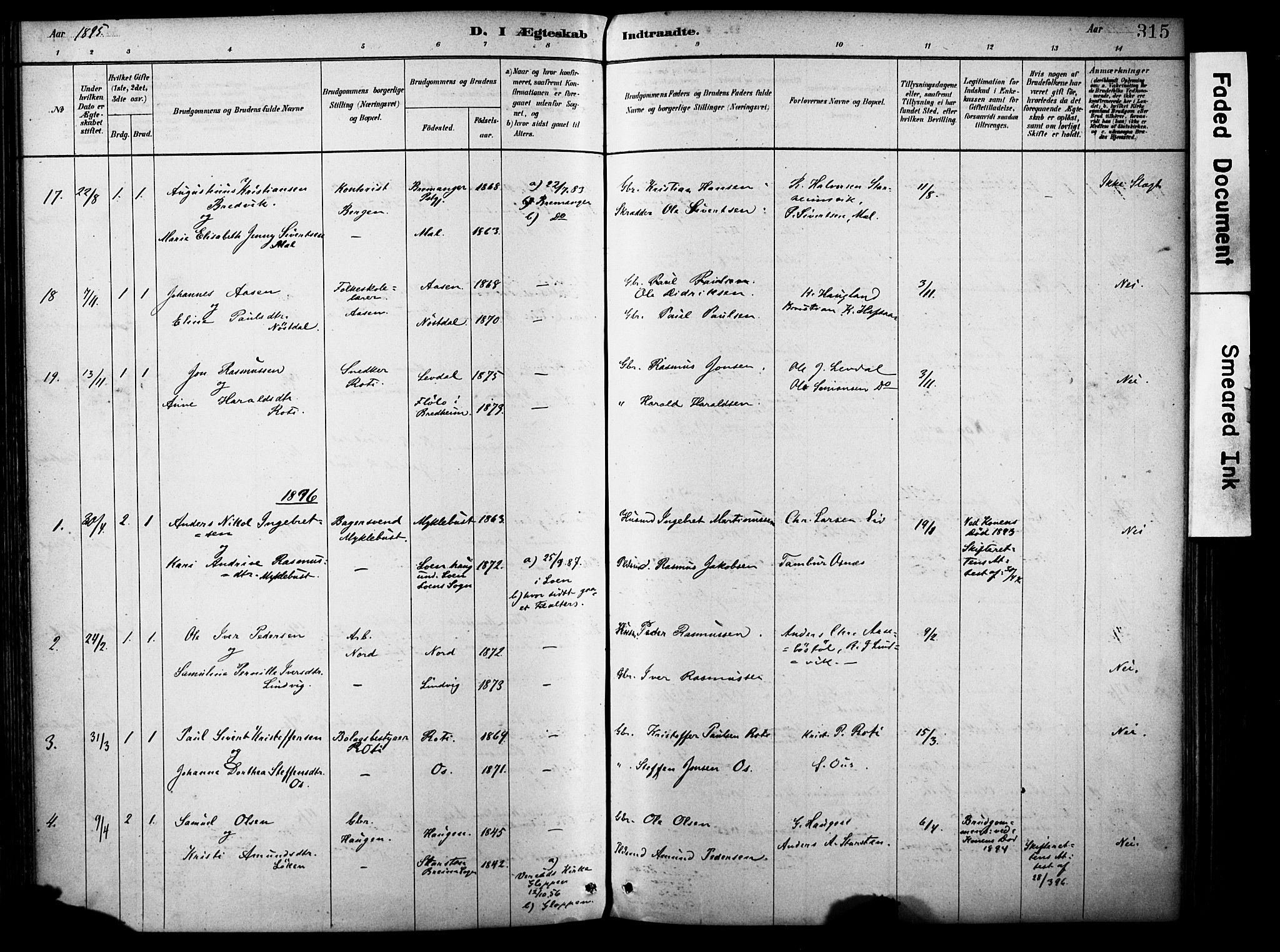 Eid sokneprestembete, SAB/A-82301/H/Haa/Haab/L0001: Parish register (official) no. B 1, 1879-1906, p. 315