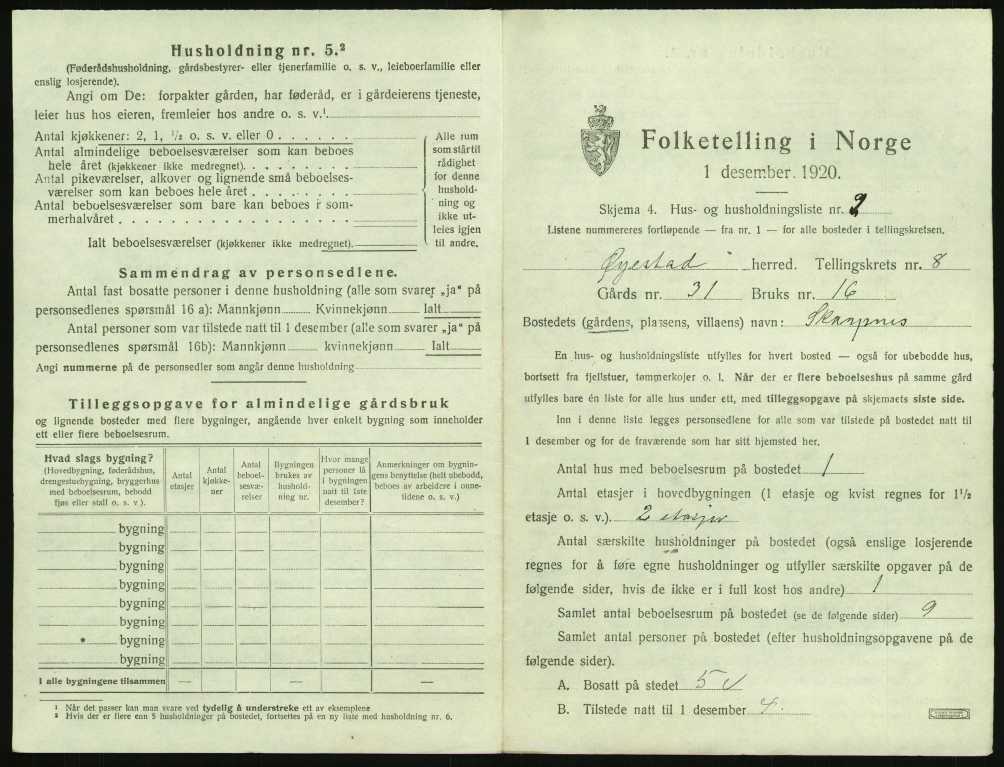 SAK, 1920 census for Øyestad, 1920, p. 738