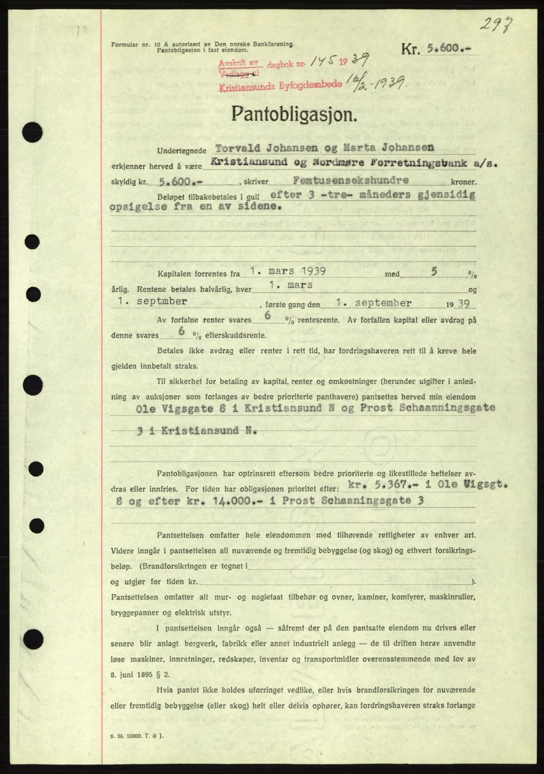 Kristiansund byfogd, AV/SAT-A-4587/A/27: Mortgage book no. 31, 1938-1939, Diary no: : 145/1939