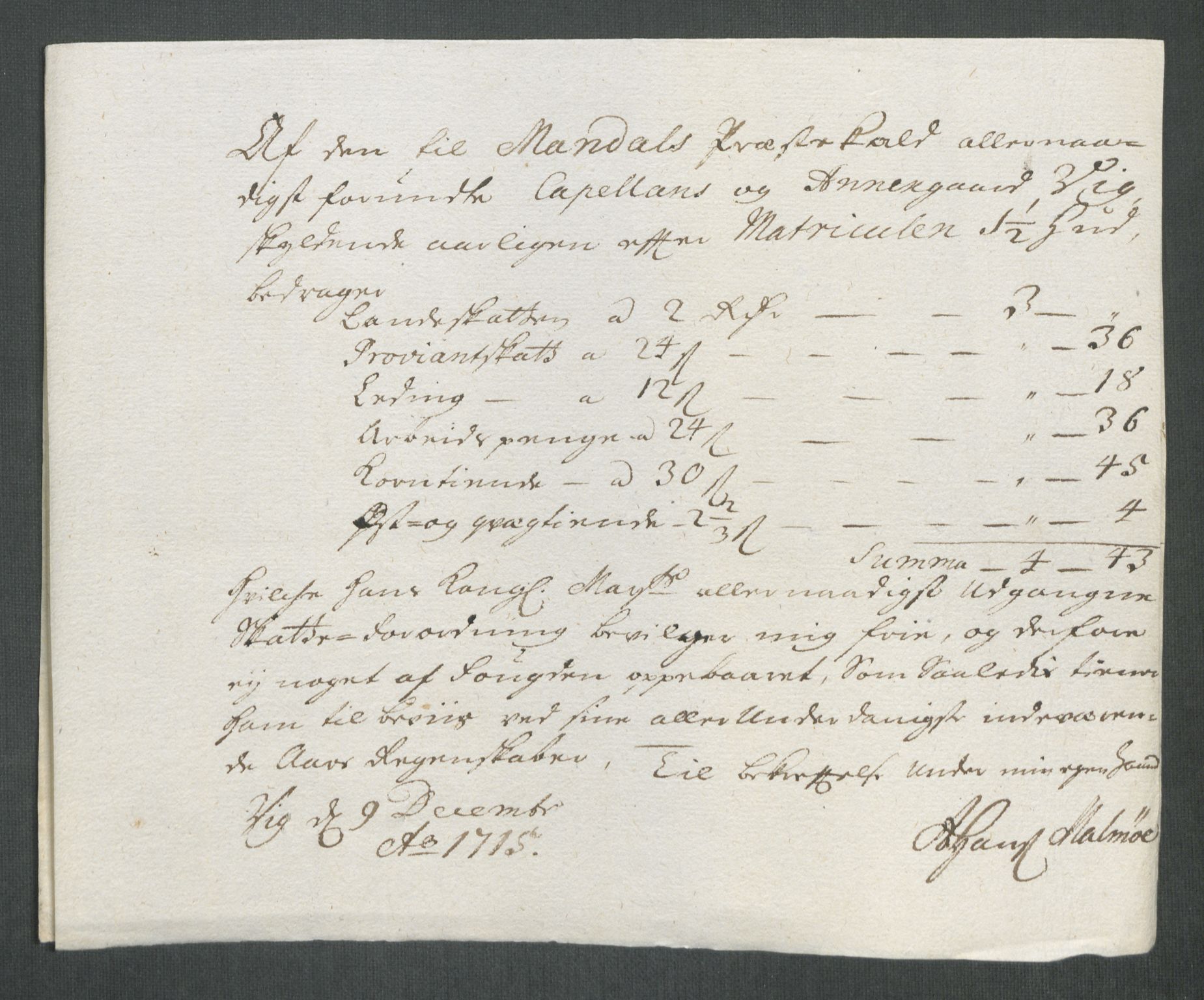 Rentekammeret inntil 1814, Reviderte regnskaper, Fogderegnskap, AV/RA-EA-4092/R43/L2559: Fogderegnskap Lista og Mandal, 1715, p. 198