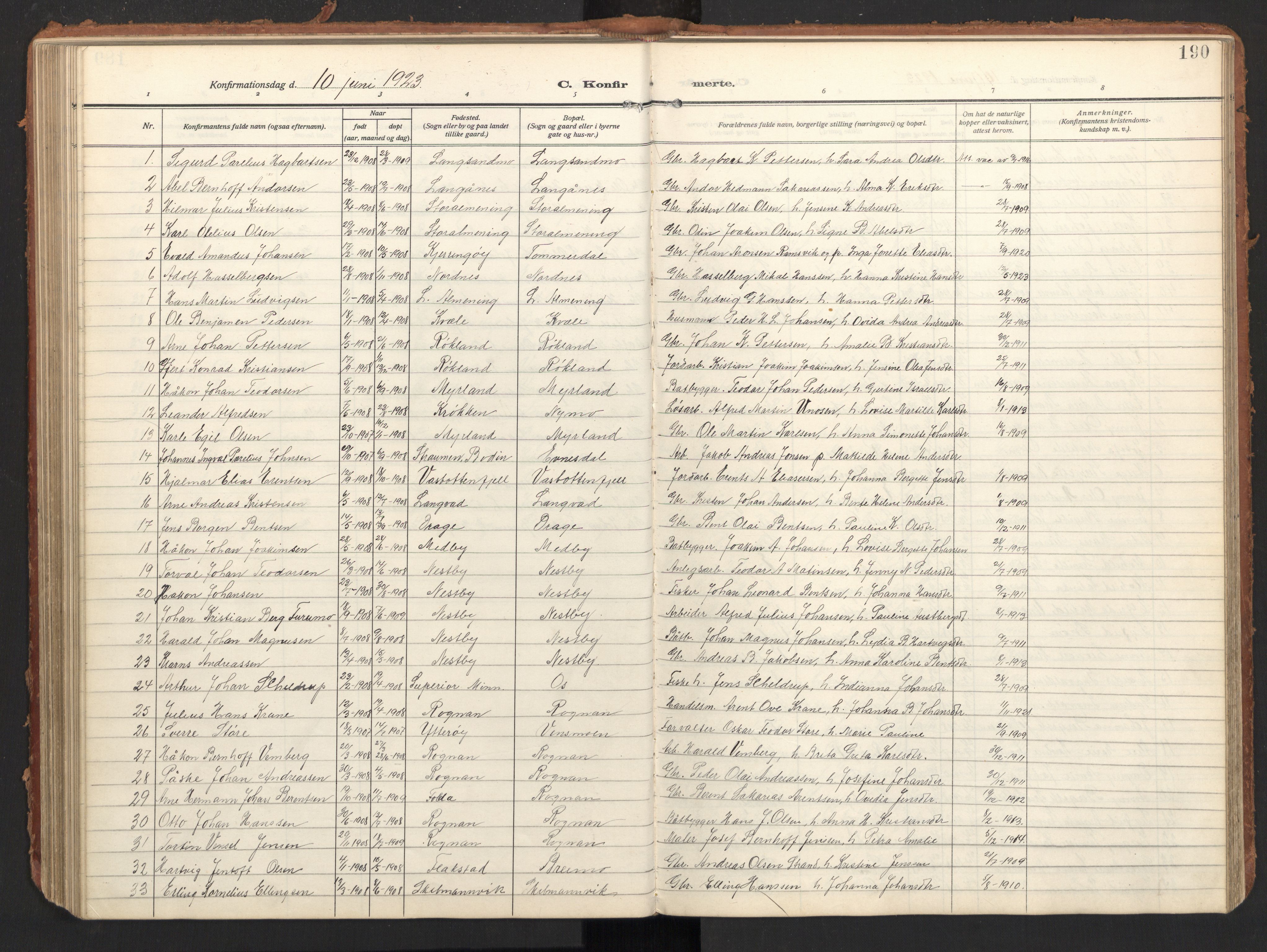 Ministerialprotokoller, klokkerbøker og fødselsregistre - Nordland, AV/SAT-A-1459/847/L0683: Parish register (copy) no. 847C11, 1908-1929, p. 190