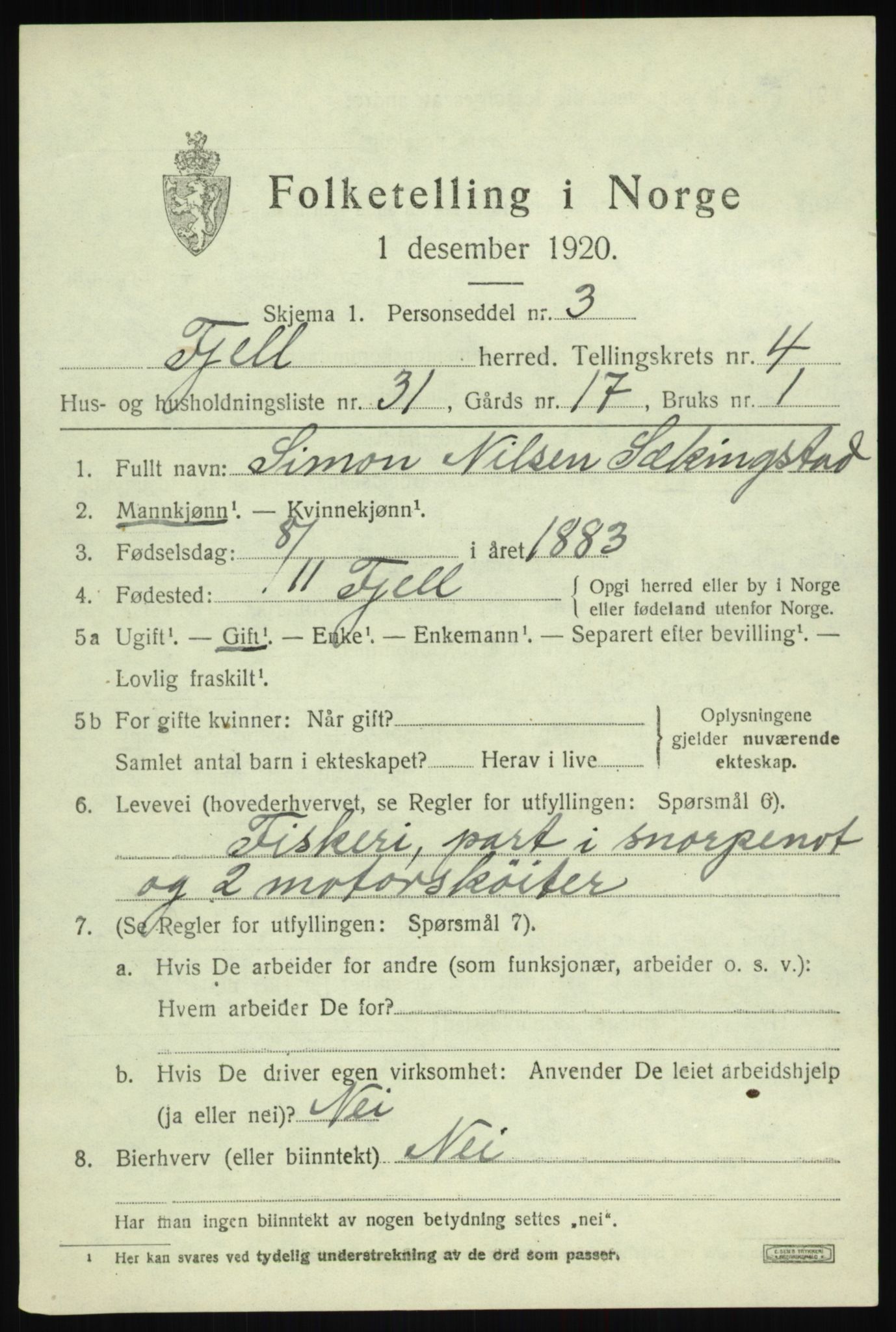 SAB, 1920 census for Fjell, 1920, p. 4098