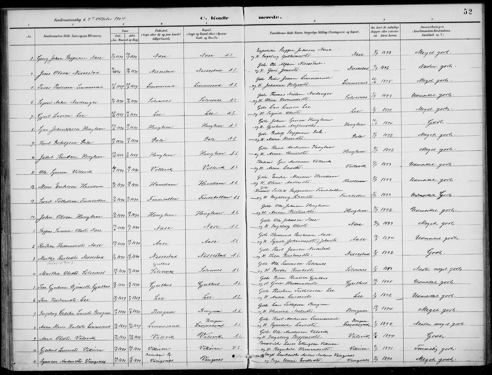 Vik sokneprestembete, SAB/A-81501: Parish register (official) no. C  2, 1891-1910, p. 52