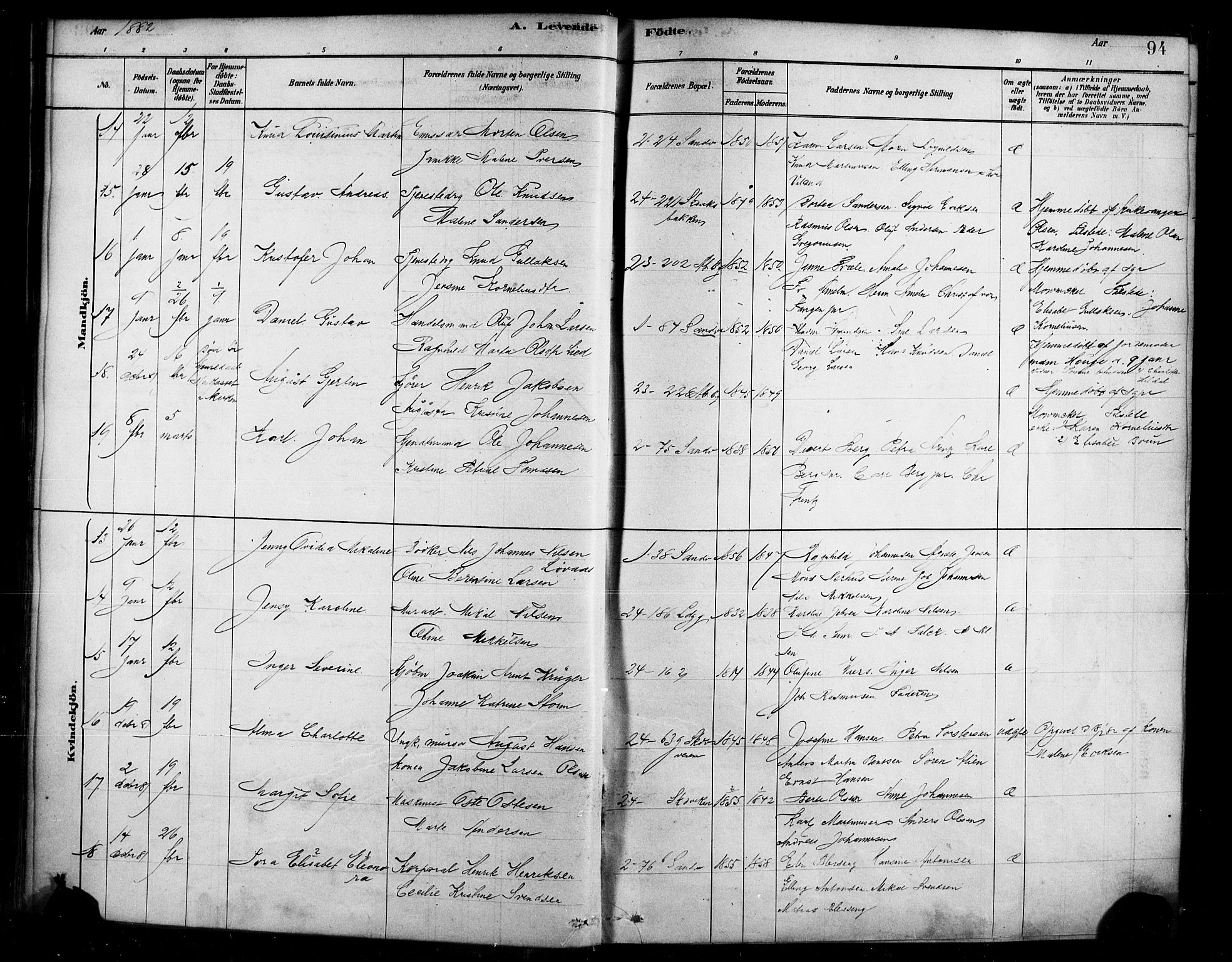 Sandviken Sokneprestembete, AV/SAB-A-77601/H/Ha/L0004: Parish register (official) no. B 1, 1878-1891, p. 94