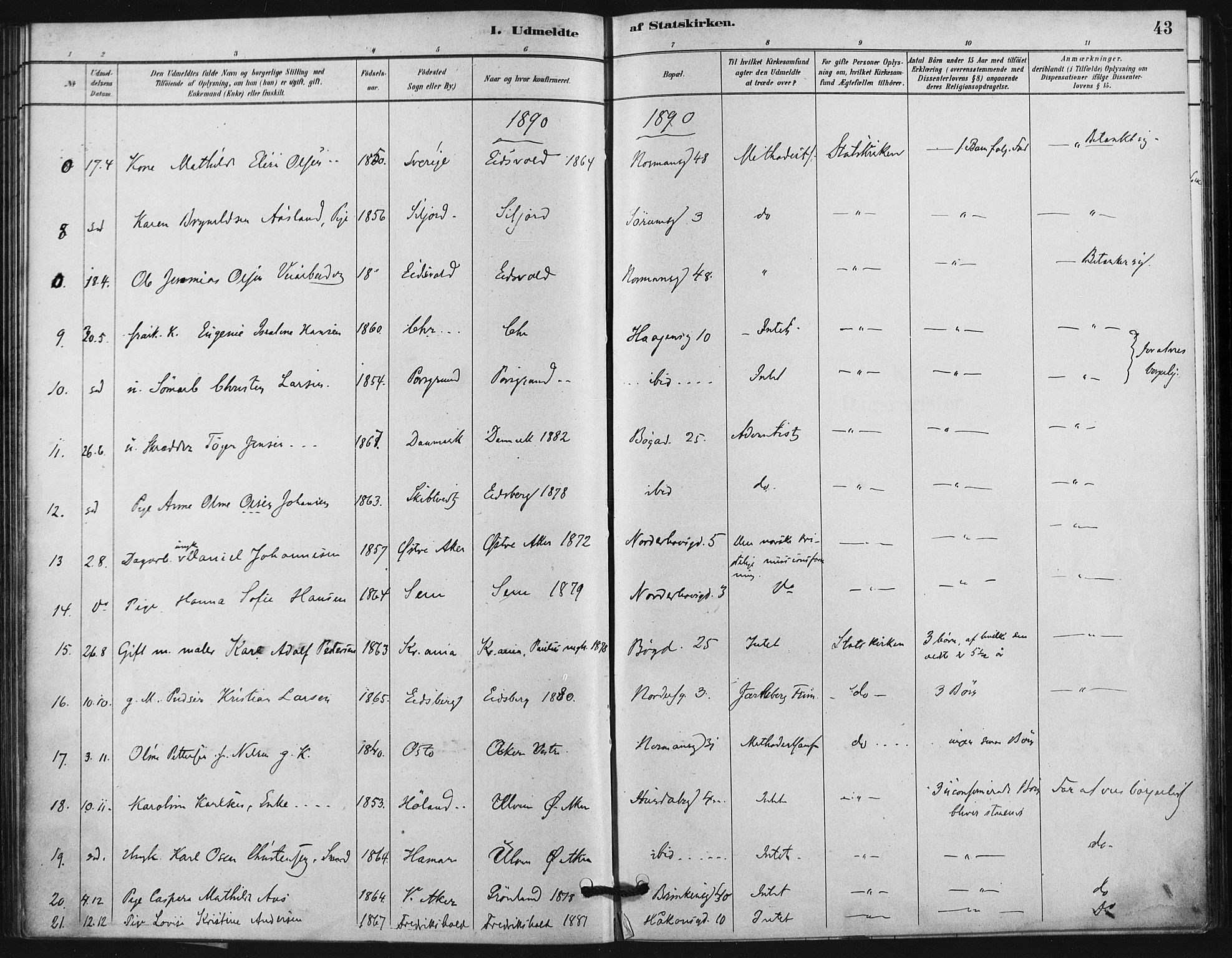 Kampen prestekontor Kirkebøker, AV/SAO-A-10853/F/Fb/L0001: Parish register (official) no. II 1, 1880-1911, p. 43