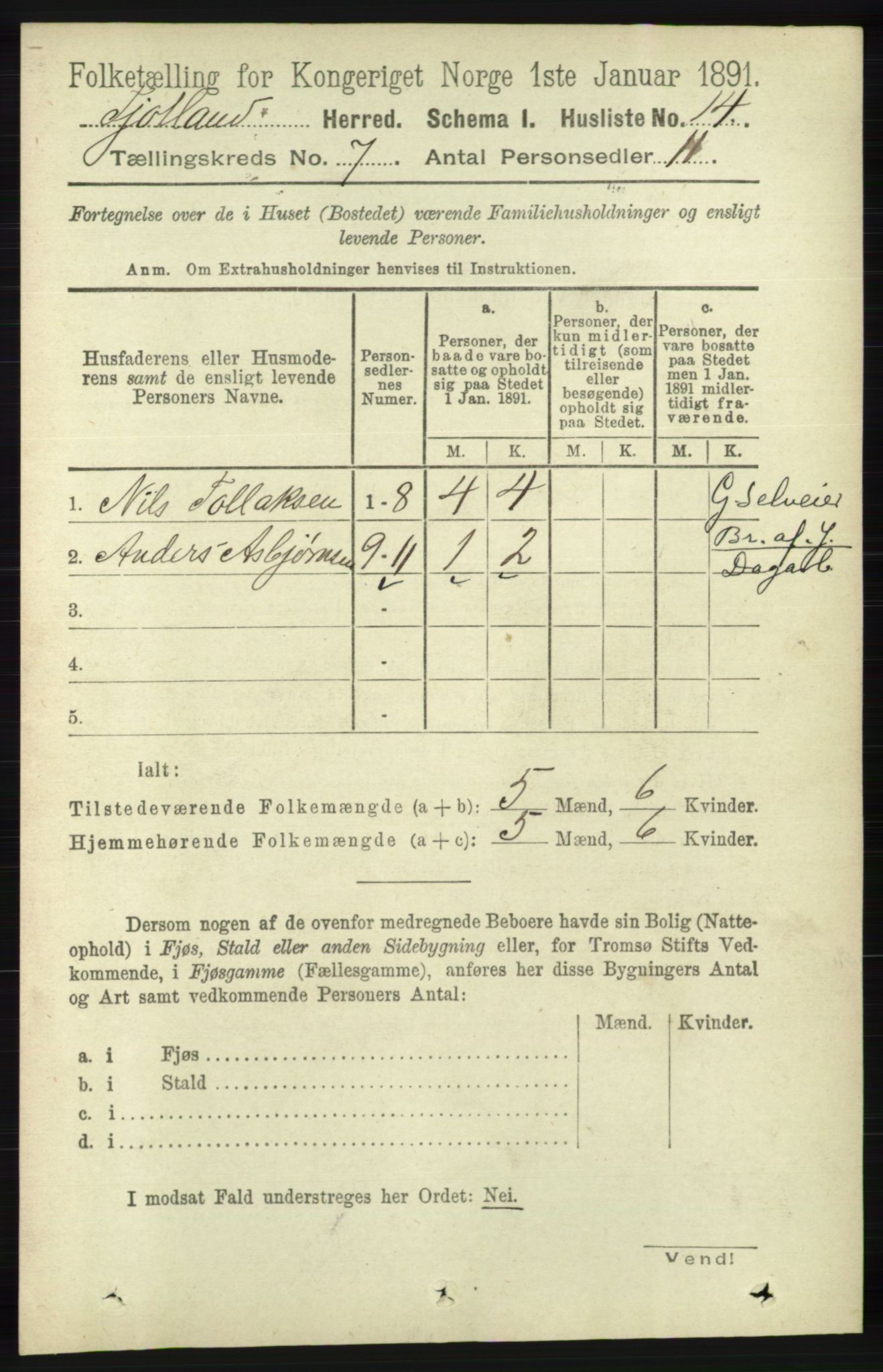 RA, 1891 census for 1036 Fjotland, 1891, p. 1008