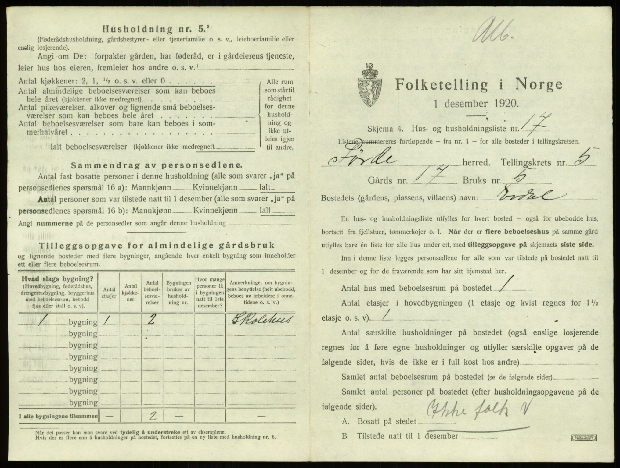 SAB, 1920 census for Førde, 1920, p. 272