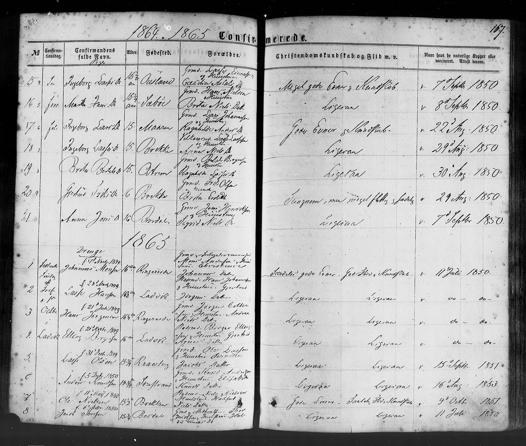 Lavik sokneprestembete, SAB/A-80901: Parish register (official) no. A 4, 1864-1881, p. 167