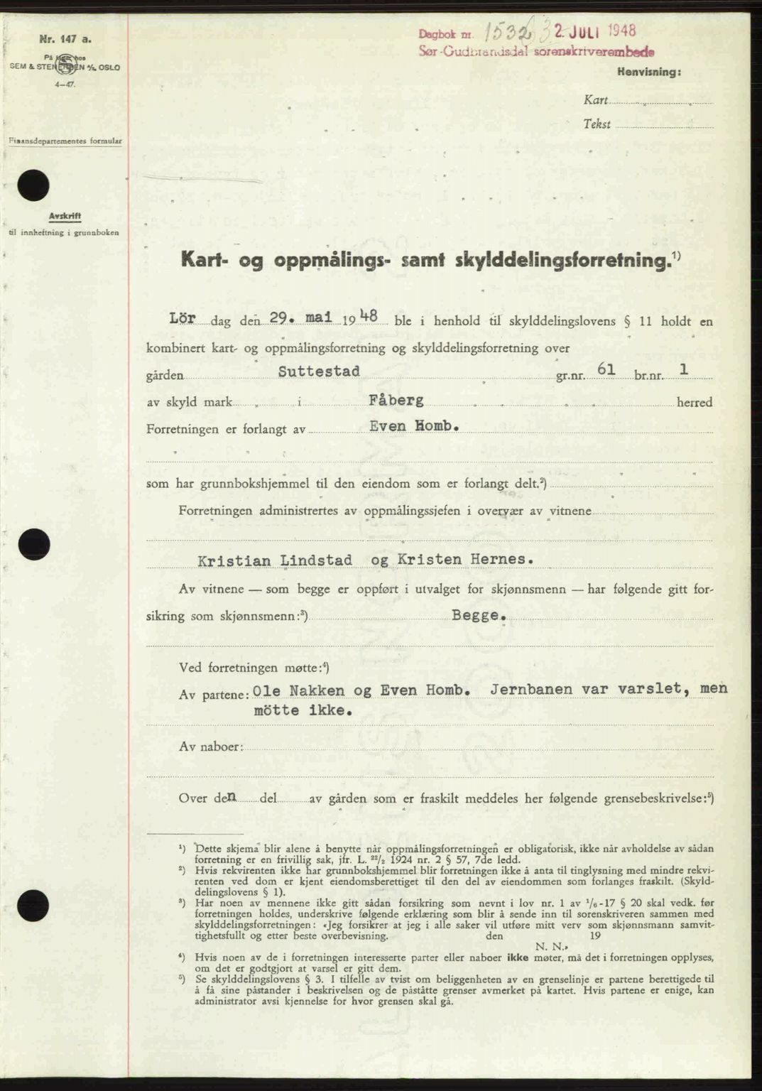 Sør-Gudbrandsdal tingrett, SAH/TING-004/H/Hb/Hbd/L0022: Mortgage book no. A22, 1948-1948, Diary no: : 1532/1948