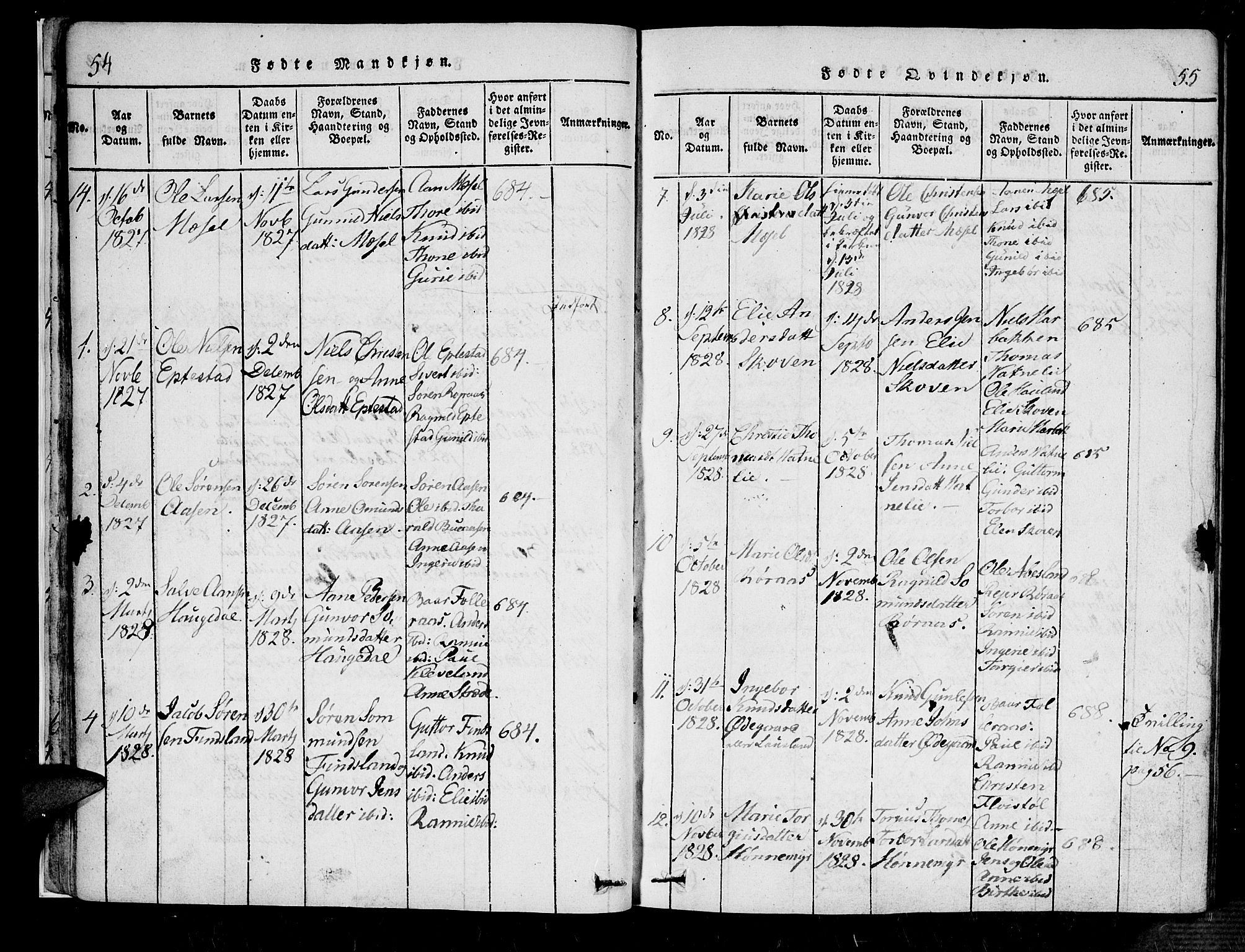 Bjelland sokneprestkontor, AV/SAK-1111-0005/F/Fa/Fab/L0002: Parish register (official) no. A 2, 1816-1869, p. 54-55