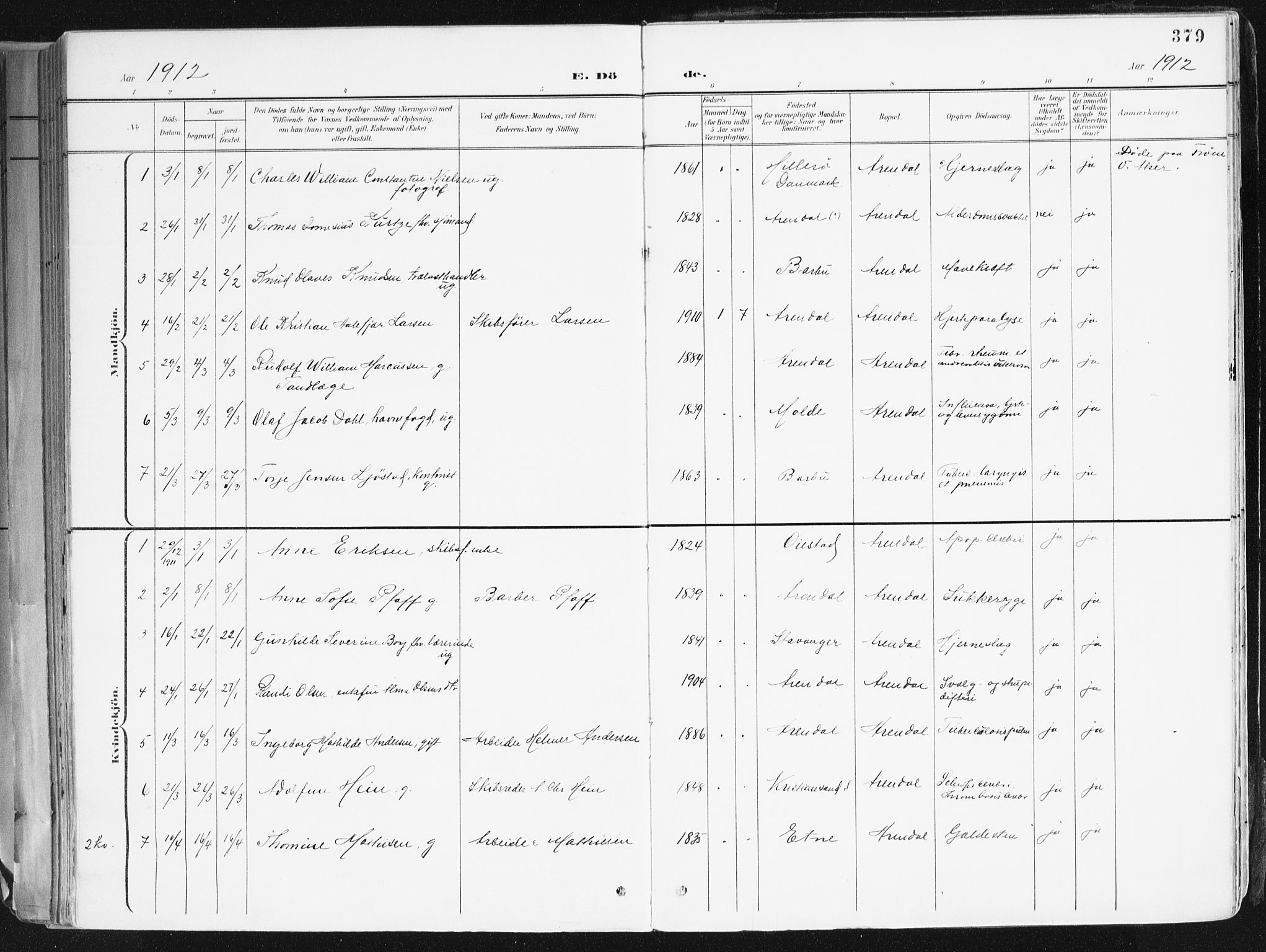 Arendal sokneprestkontor, Trefoldighet, SAK/1111-0040/F/Fa/L0010: Parish register (official) no. A 10, 1900-1919, p. 379