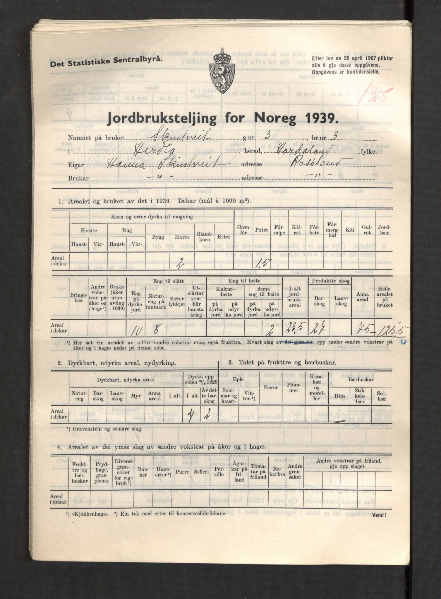 Statistisk sentralbyrå, Næringsøkonomiske emner, Jordbruk, skogbruk, jakt, fiske og fangst, AV/RA-S-2234/G/Gb/L0211: Hordaland: Herdla, Hjelme og Manger, 1939, p. 703