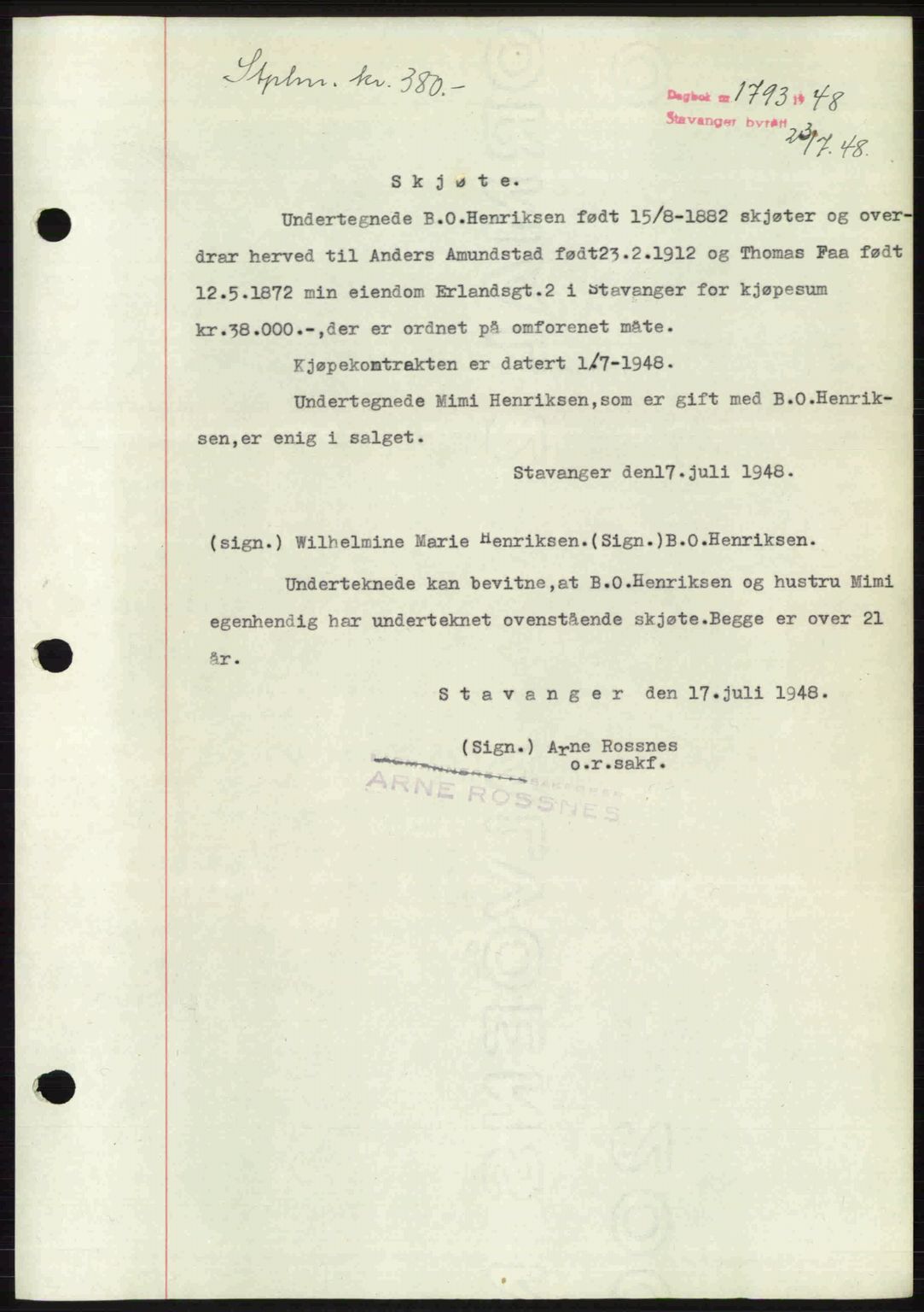 Stavanger byrett, SAST/A-100455/002/G/Gb/L0022: Mortgage book no. A11, 1947-1948, Diary no: : 1793/1948