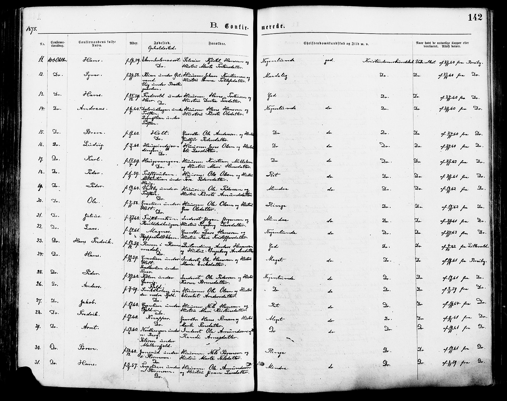 Nord-Odal prestekontor, AV/SAH-PREST-032/H/Ha/Haa/L0005: Parish register (official) no. 5, 1874-1885, p. 142