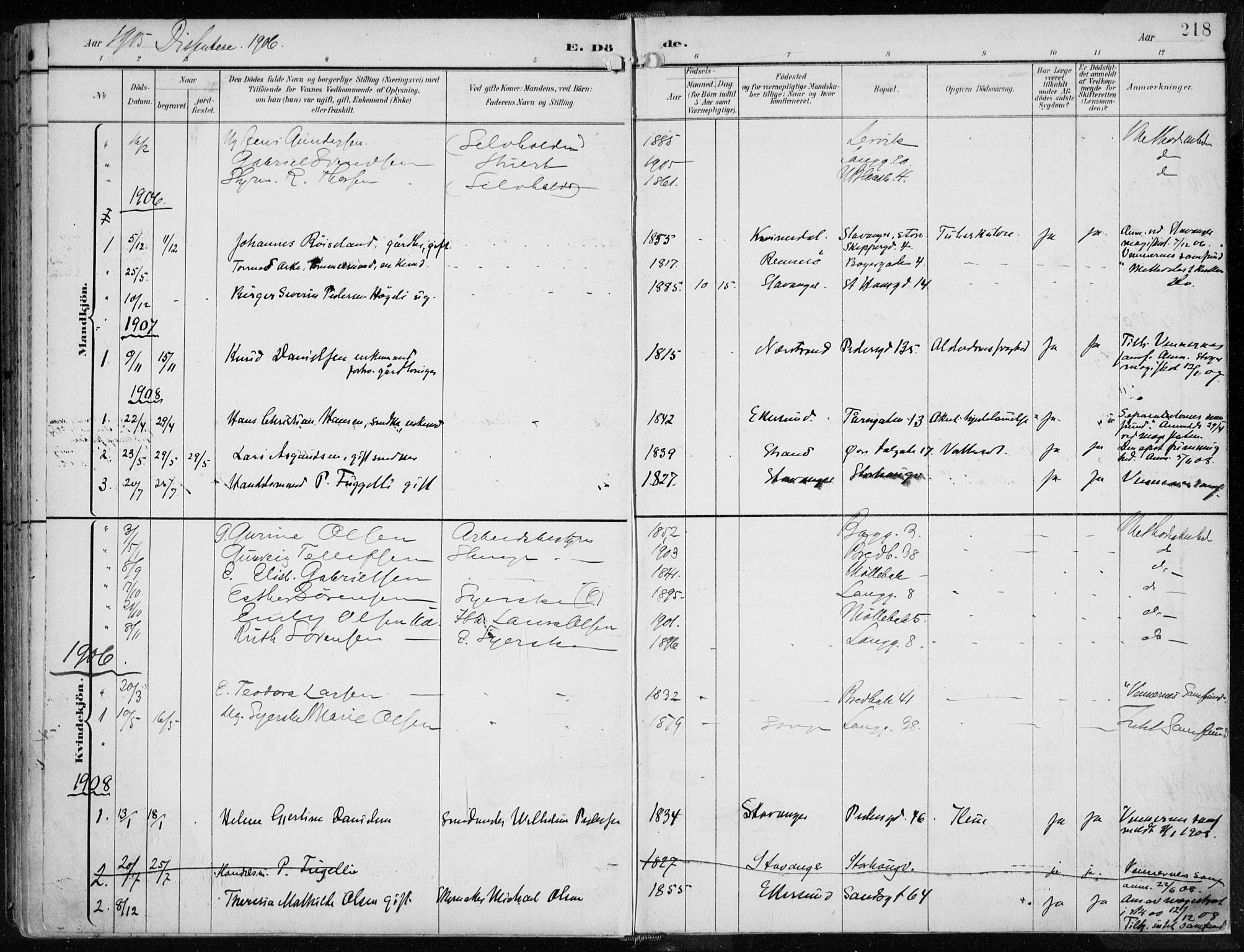 St. Johannes sokneprestkontor, SAST/A-101814/001/30/30BA/L0005: Parish register (official) no. A 5, 1898-1919, p. 218
