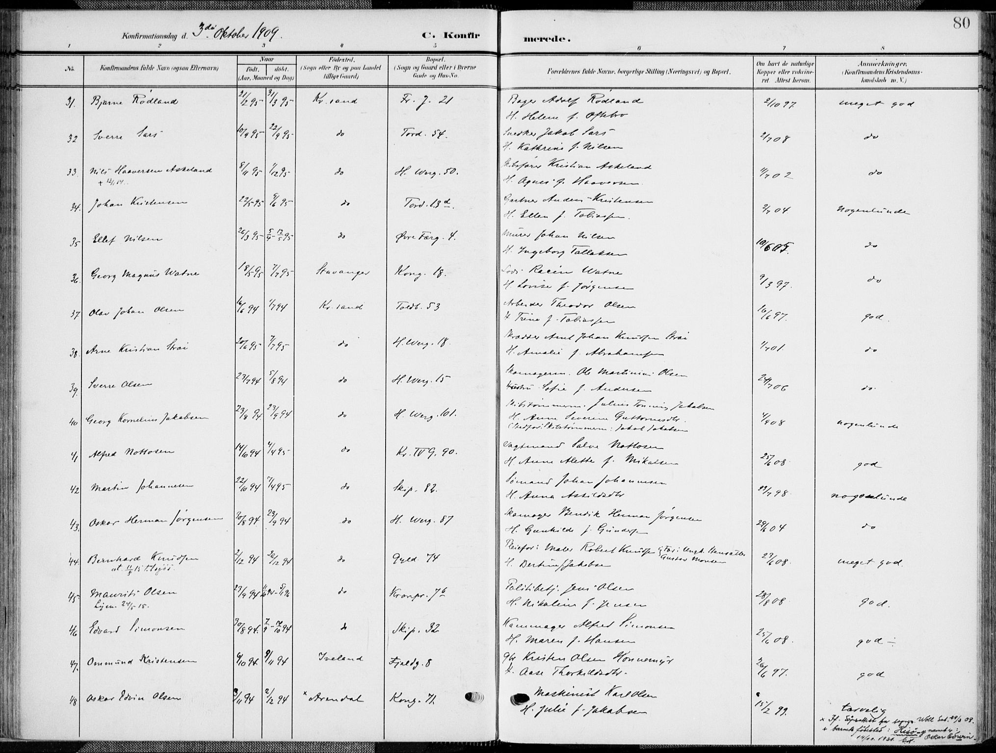 Kristiansand domprosti, AV/SAK-1112-0006/F/Fa/L0022: Parish register (official) no. A 21, 1905-1916, p. 80