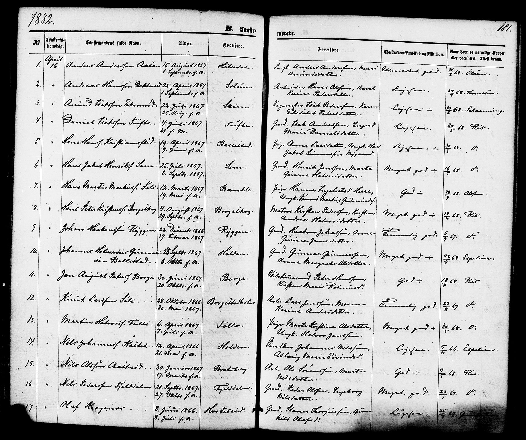 Gjerpen kirkebøker, SAKO/A-265/F/Fa/L0009: Parish register (official) no. I 9, 1872-1885, p. 181