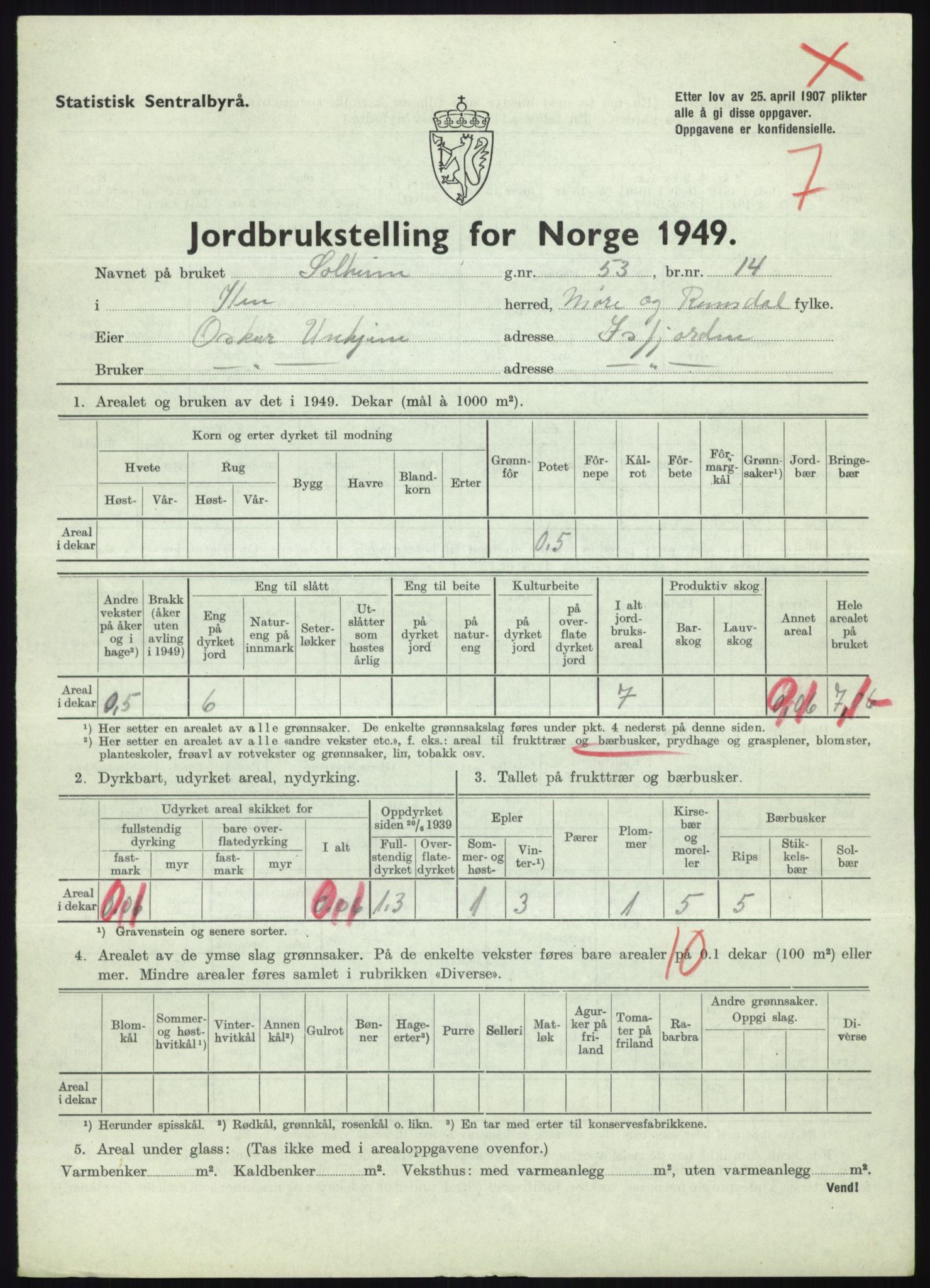 Statistisk sentralbyrå, Næringsøkonomiske emner, Jordbruk, skogbruk, jakt, fiske og fangst, AV/RA-S-2234/G/Gc/L0323: Møre og Romsdal: Grytten og Hen, 1949, p. 523