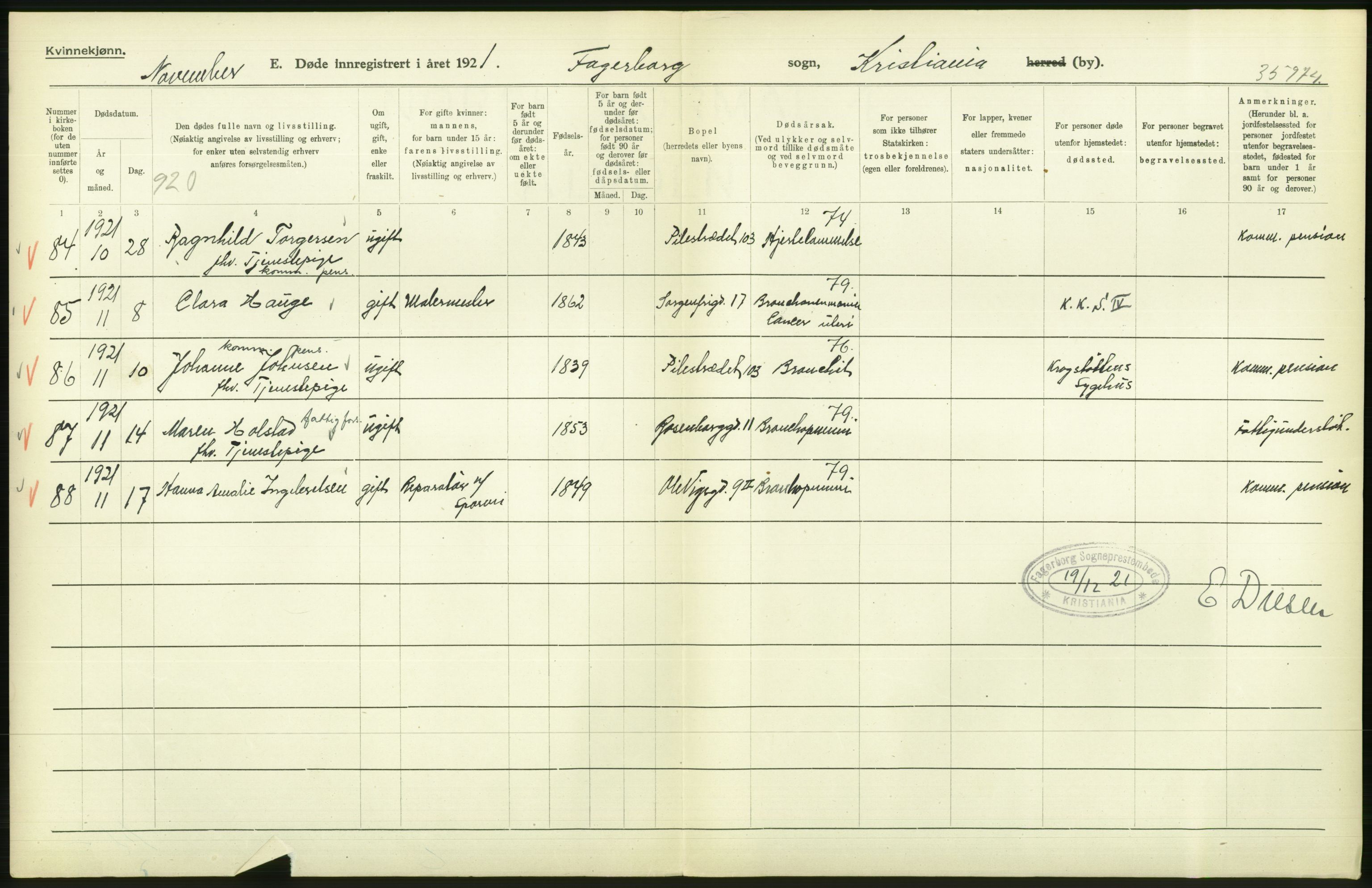 Statistisk sentralbyrå, Sosiodemografiske emner, Befolkning, AV/RA-S-2228/D/Df/Dfc/Dfca/L0012: Kristiania: Døde, 1921, p. 340