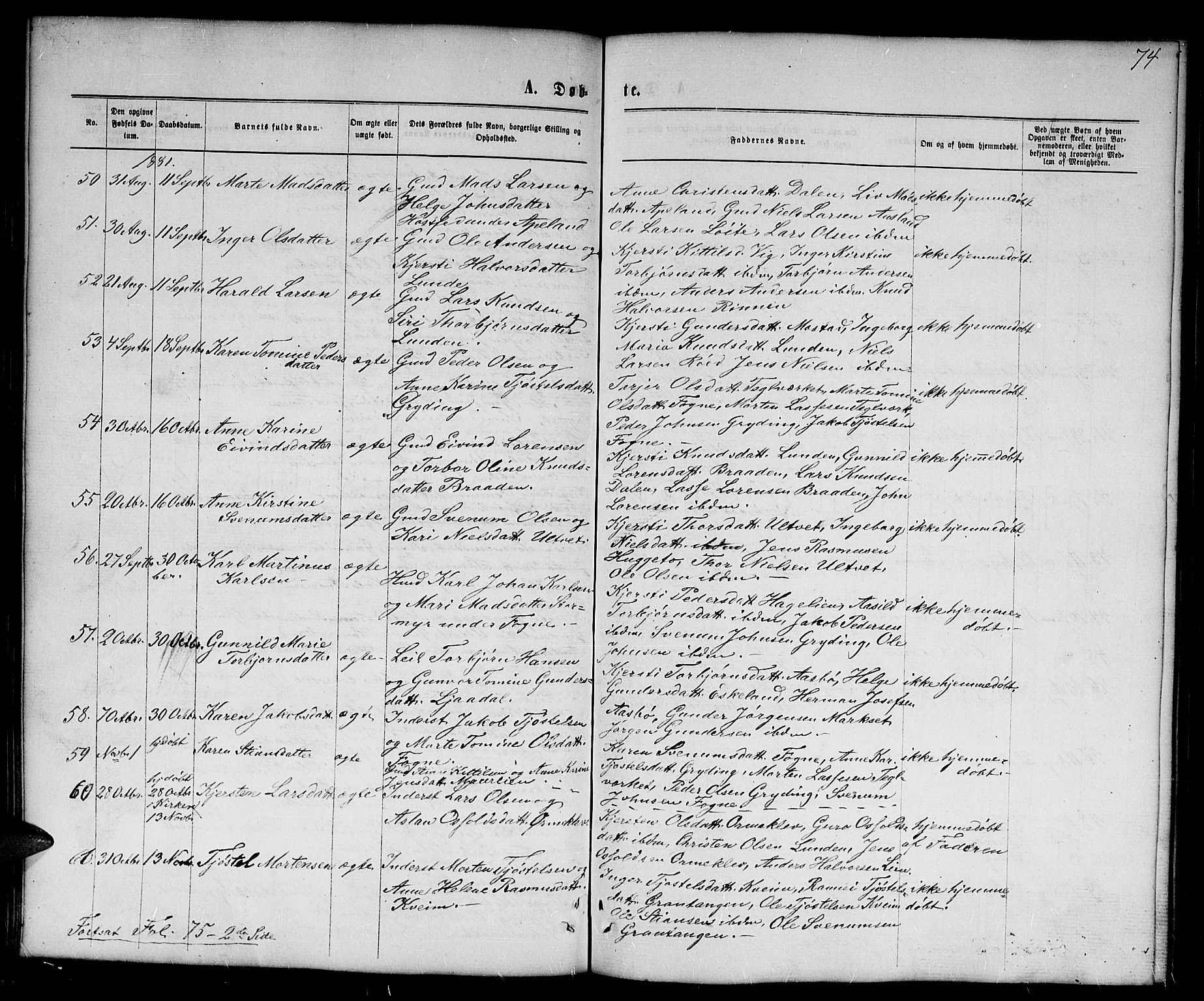 Gjerstad sokneprestkontor, SAK/1111-0014/F/Fb/Fba/L0006: Parish register (copy) no. B 6, 1868-1890, p. 74