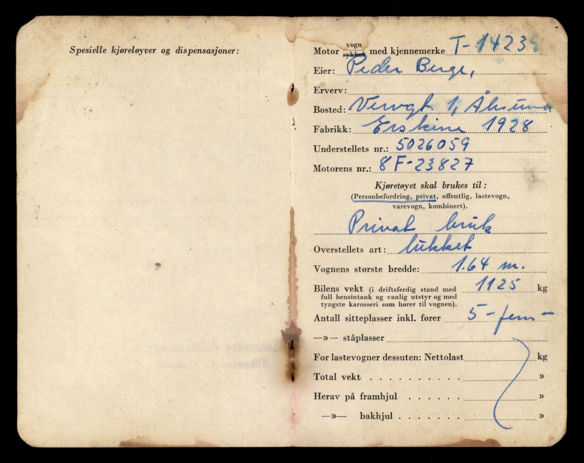 Møre og Romsdal vegkontor - Ålesund trafikkstasjon, AV/SAT-A-4099/F/Fe/L0044: Registreringskort for kjøretøy T 14205 - T 14319, 1927-1998, p. 1036