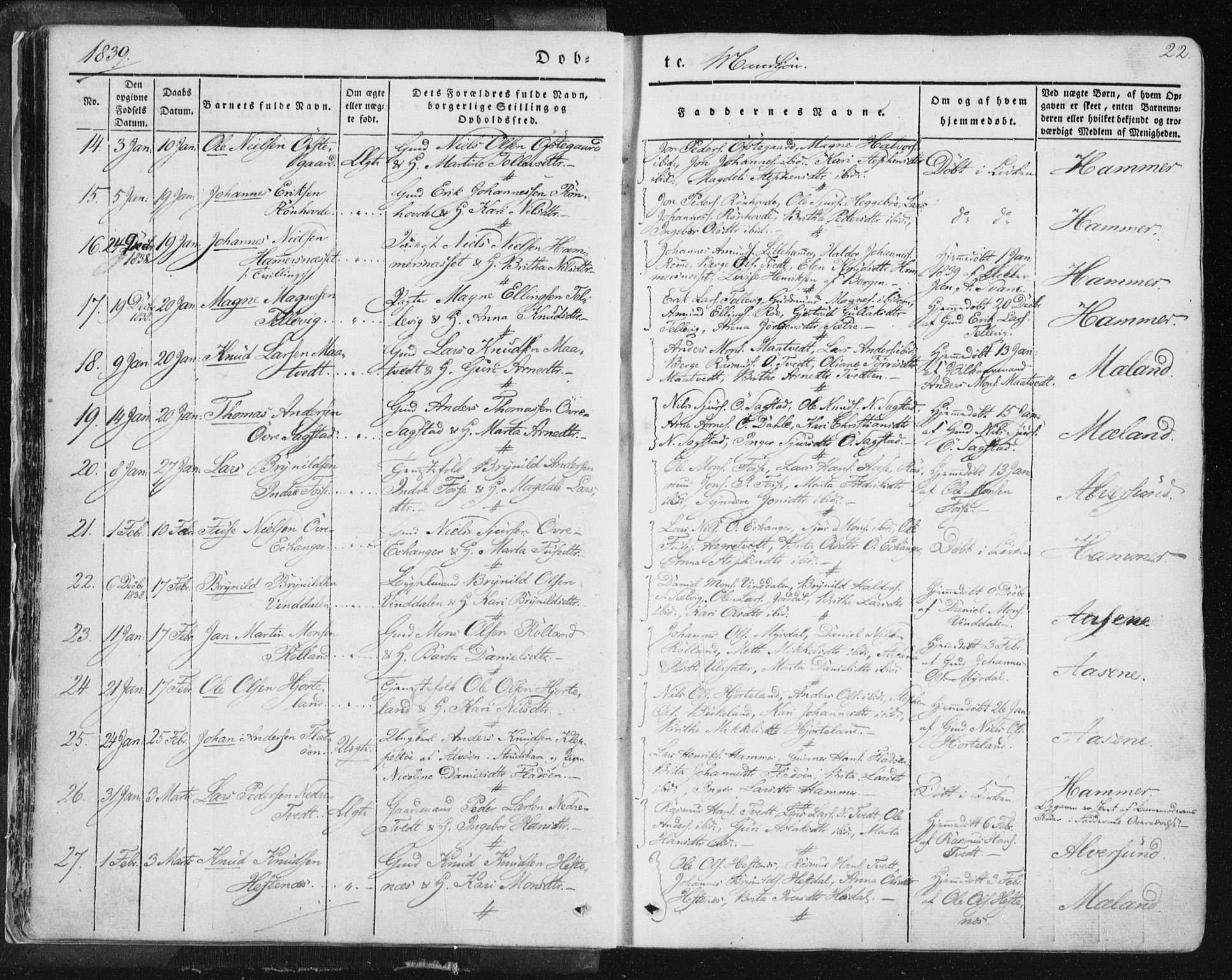 Hamre sokneprestembete, AV/SAB-A-75501/H/Ha/Haa/Haaa/L0012: Parish register (official) no. A 12, 1834-1845, p. 22