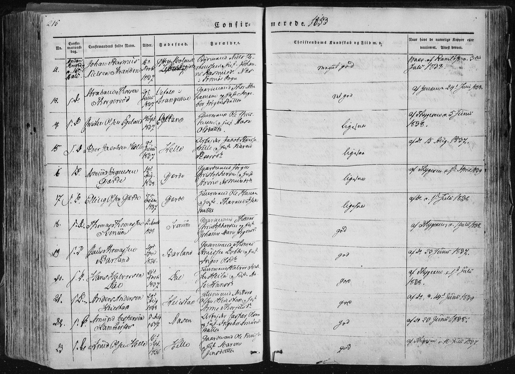 Sannidal kirkebøker, SAKO/A-296/F/Fa/L0007: Parish register (official) no. 7, 1831-1854, p. 215