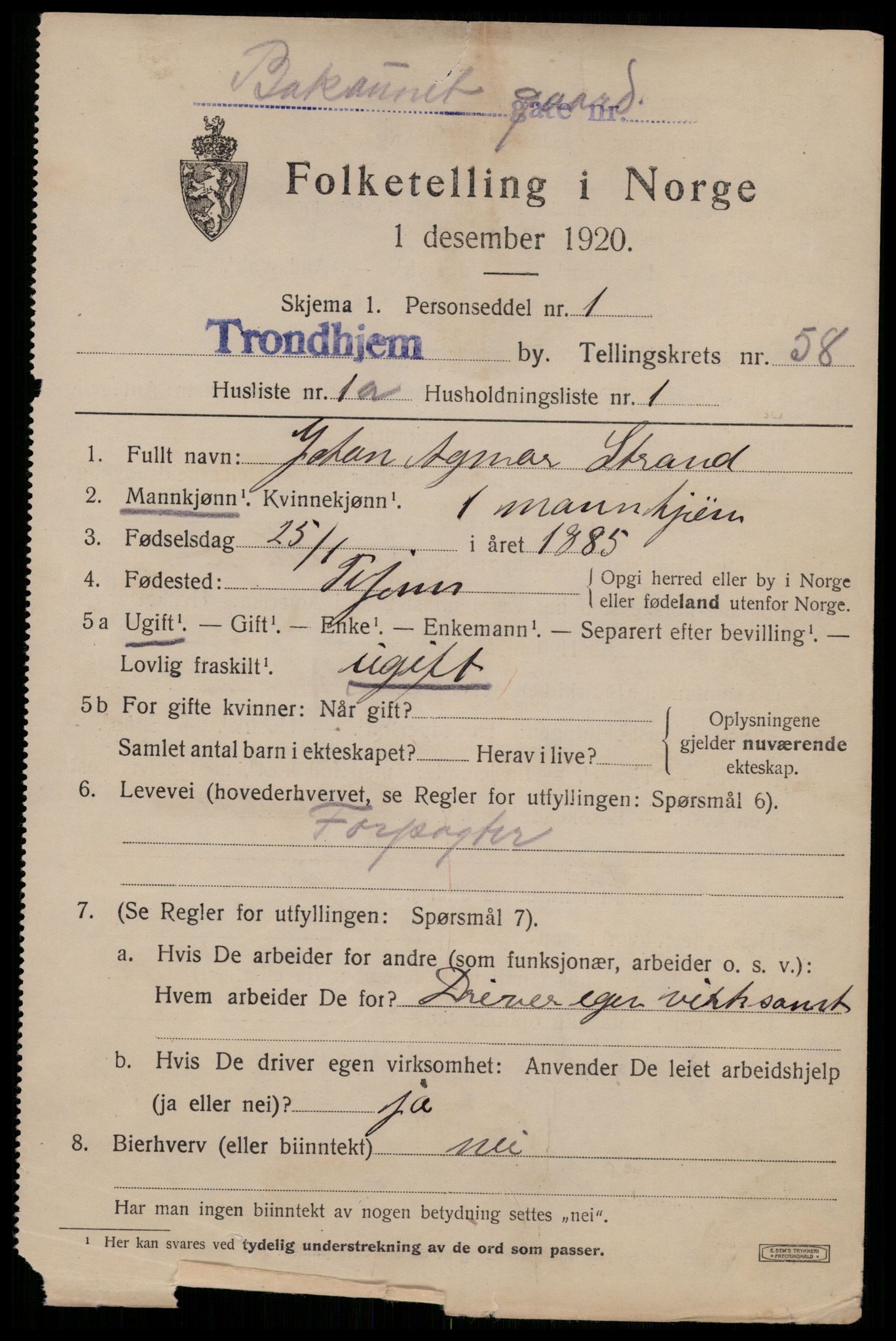SAT, 1920 census for Trondheim, 1920, p. 117462