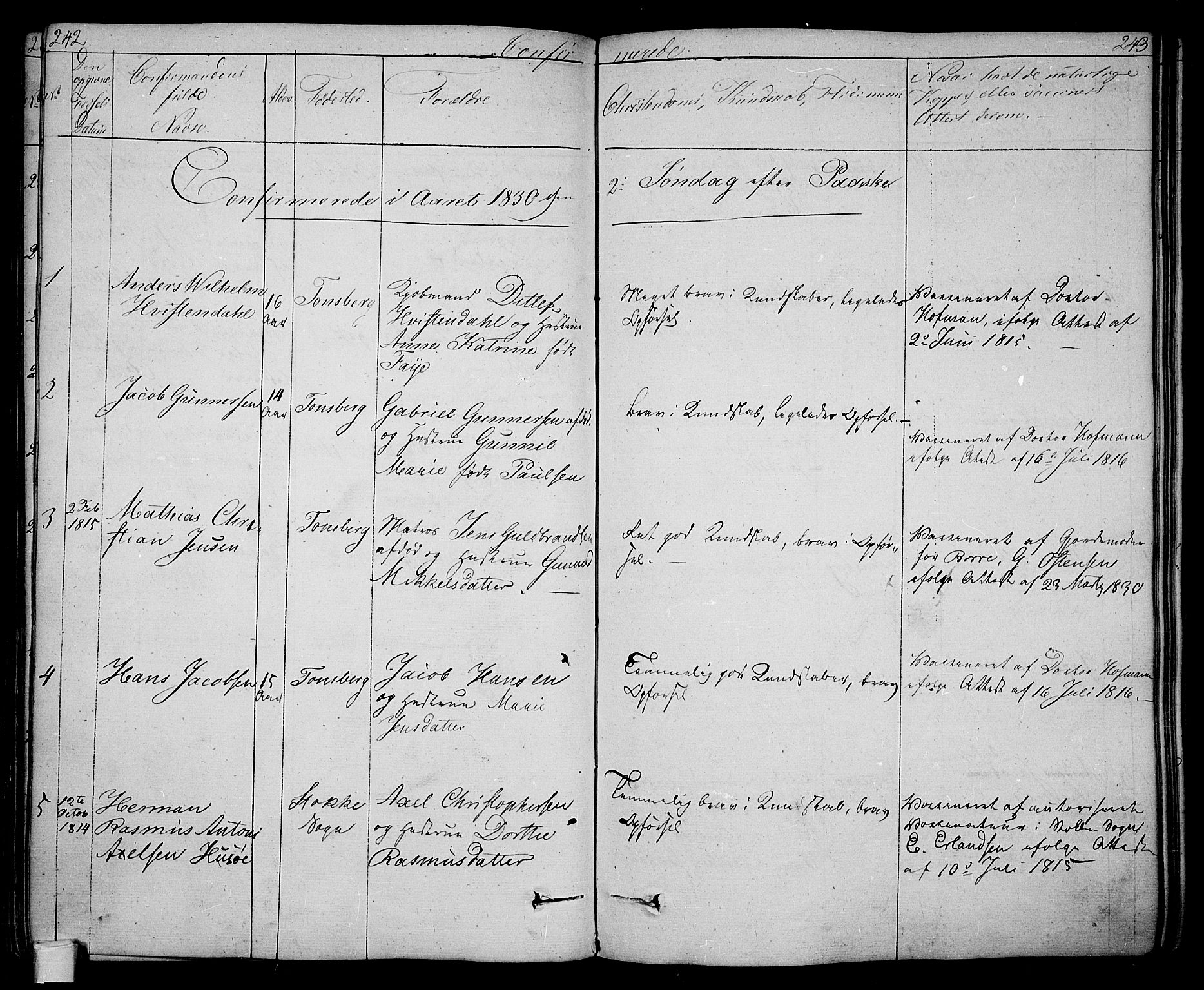 Tønsberg kirkebøker, AV/SAKO-A-330/F/Fa/L0005: Parish register (official) no. I 5, 1827-1836, p. 242-243