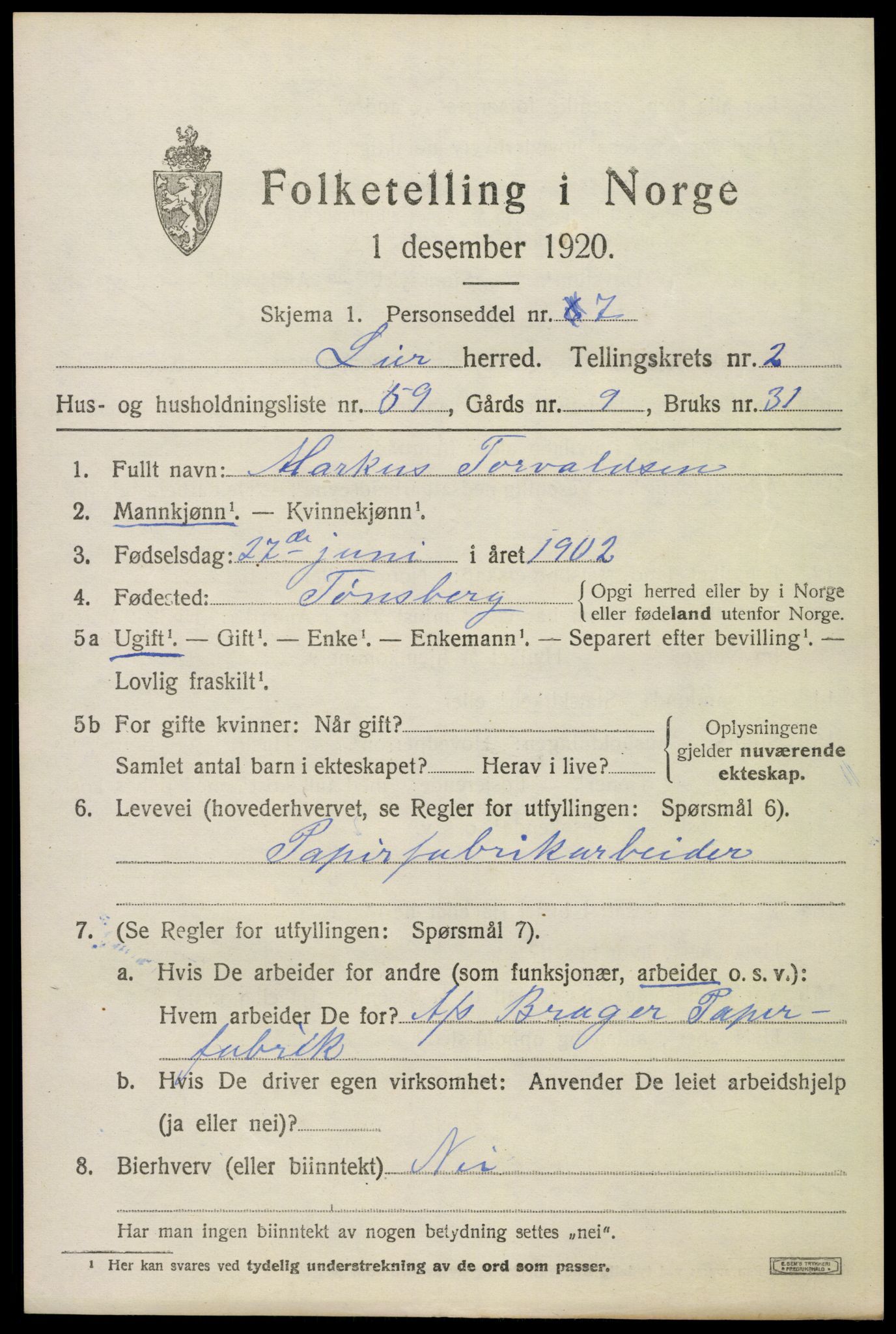 SAKO, 1920 census for Lier, 1920, p. 5352