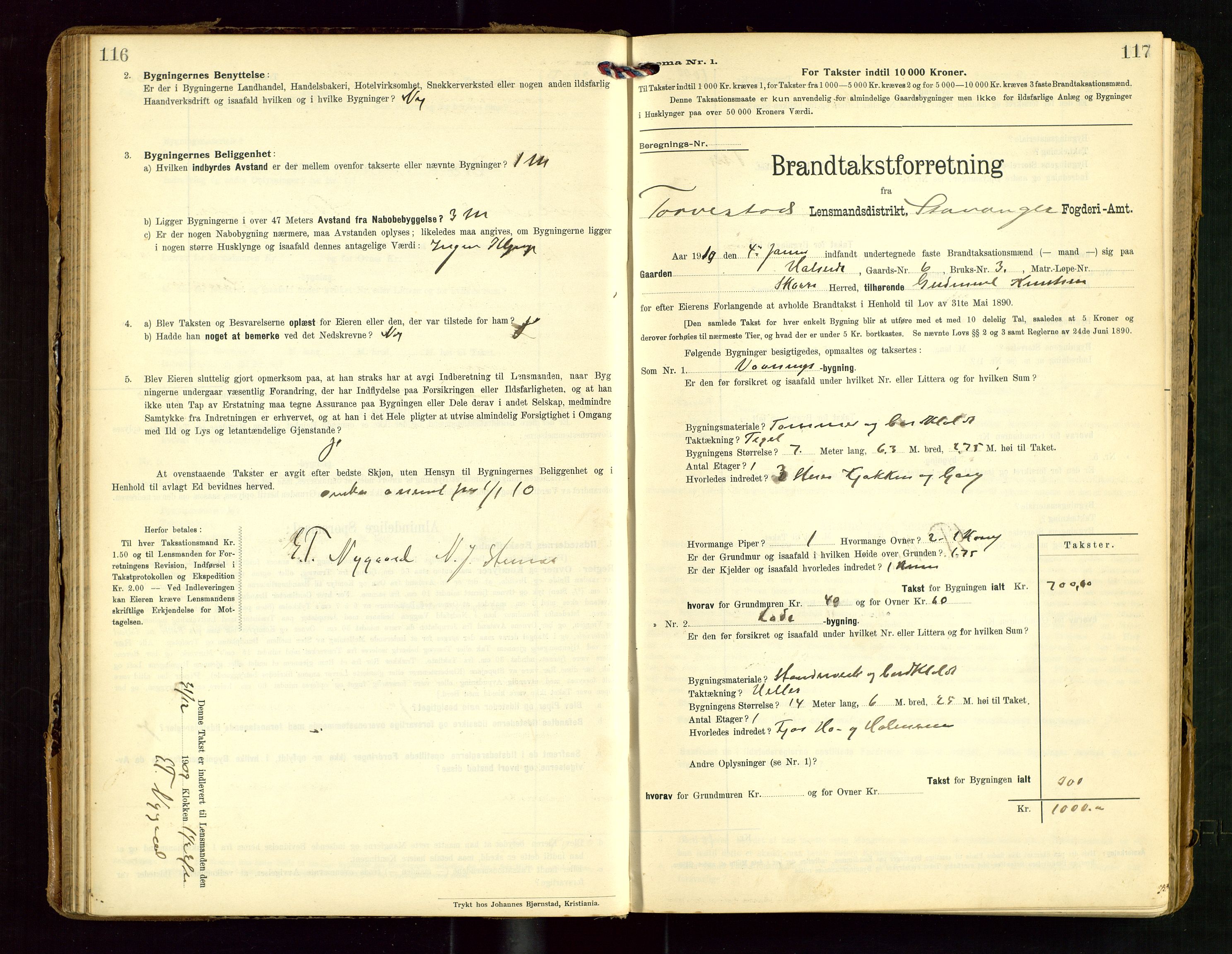 Torvestad lensmannskontor, SAST/A-100307/1/Gob/L0004: "Brandtaxationsprotokol for Torvestad Lensmannsdistrikt", 1909-1923, p. 116-117