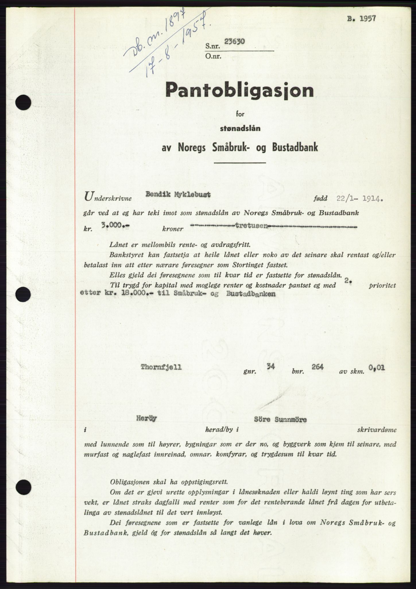 Søre Sunnmøre sorenskriveri, AV/SAT-A-4122/1/2/2C/L0130: Mortgage book no. 18B, 1957-1958, Diary no: : 1897/1957