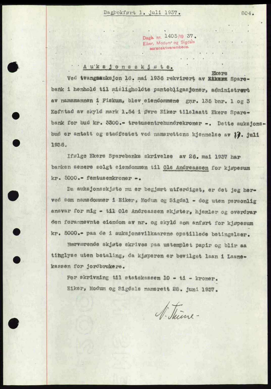 Eiker, Modum og Sigdal sorenskriveri, SAKO/A-123/G/Ga/Gab/L0035: Mortgage book no. A5, 1937-1937, Diary no: : 1405/1937