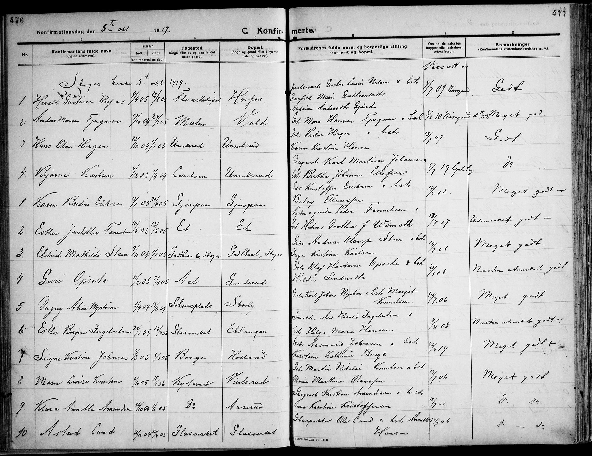 Skoger kirkebøker, AV/SAKO-A-59/F/Fa/L0007: Parish register (official) no. I 7, 1911-1936, p. 476-477