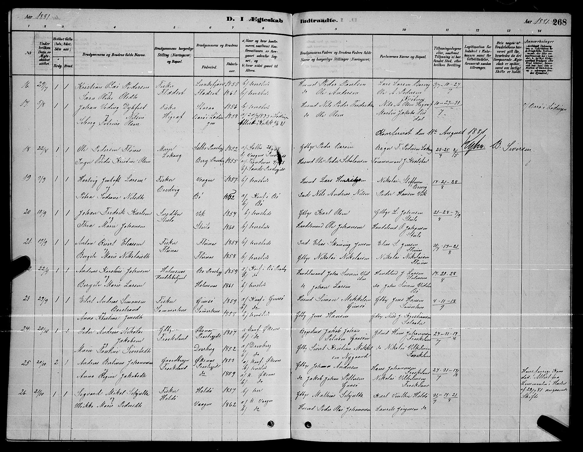 Ministerialprotokoller, klokkerbøker og fødselsregistre - Nordland, AV/SAT-A-1459/888/L1267: Parish register (copy) no. 888C05, 1878-1890, p. 268