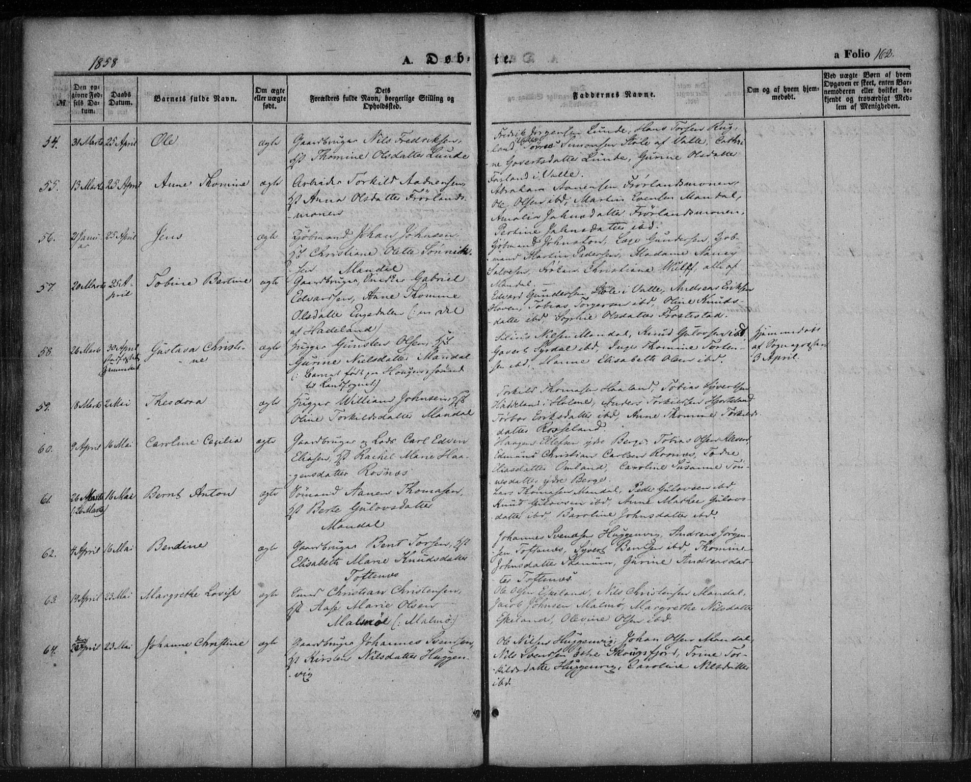 Mandal sokneprestkontor, SAK/1111-0030/F/Fa/Faa/L0013: Parish register (official) no. A 13, 1847-1859, p. 162