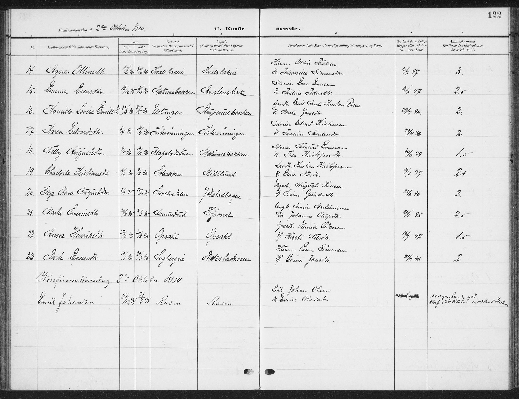 Romedal prestekontor, SAH/PREST-004/K/L0009: Parish register (official) no. 9, 1906-1929, p. 122