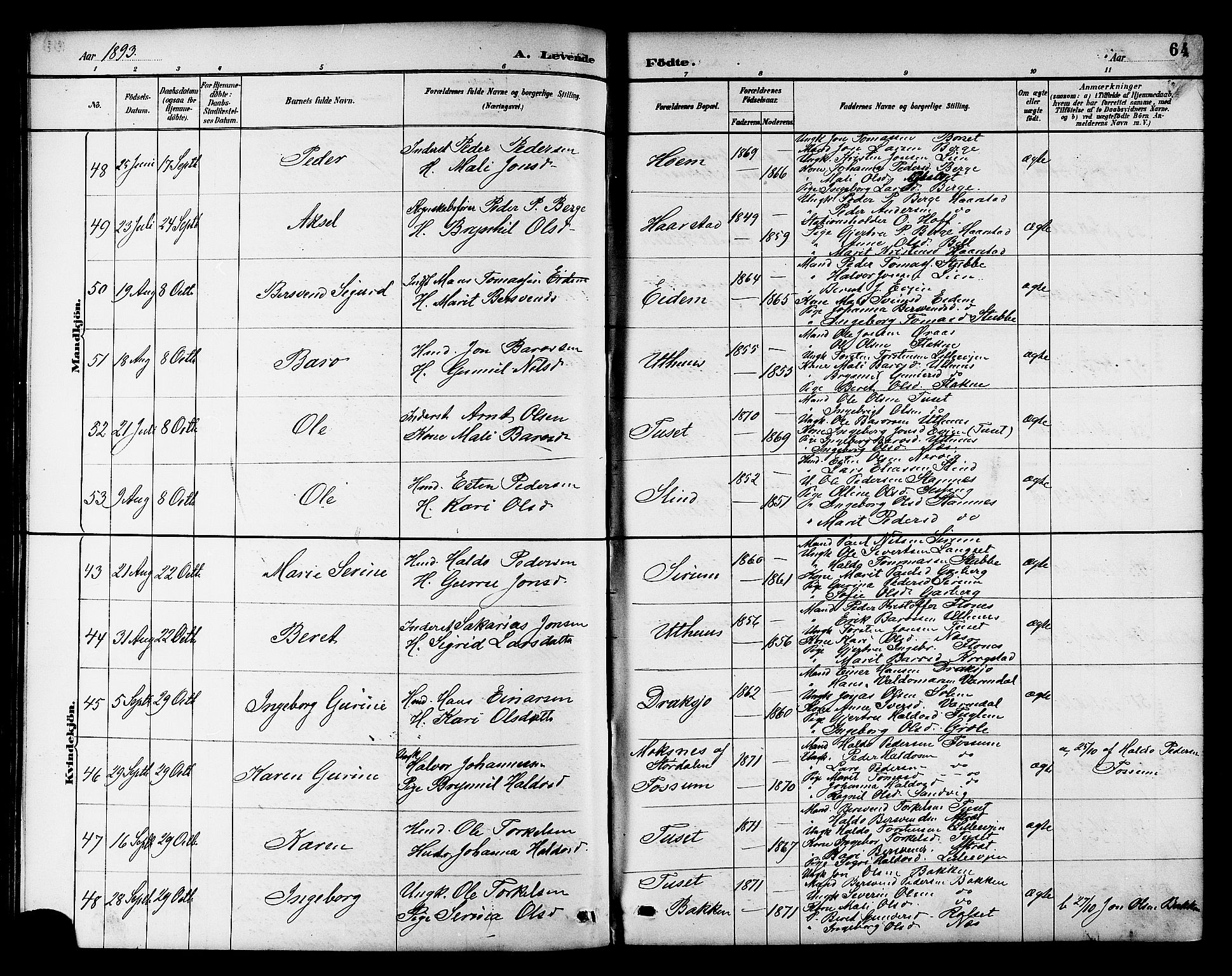 Ministerialprotokoller, klokkerbøker og fødselsregistre - Sør-Trøndelag, AV/SAT-A-1456/695/L1157: Parish register (copy) no. 695C08, 1889-1913, p. 64