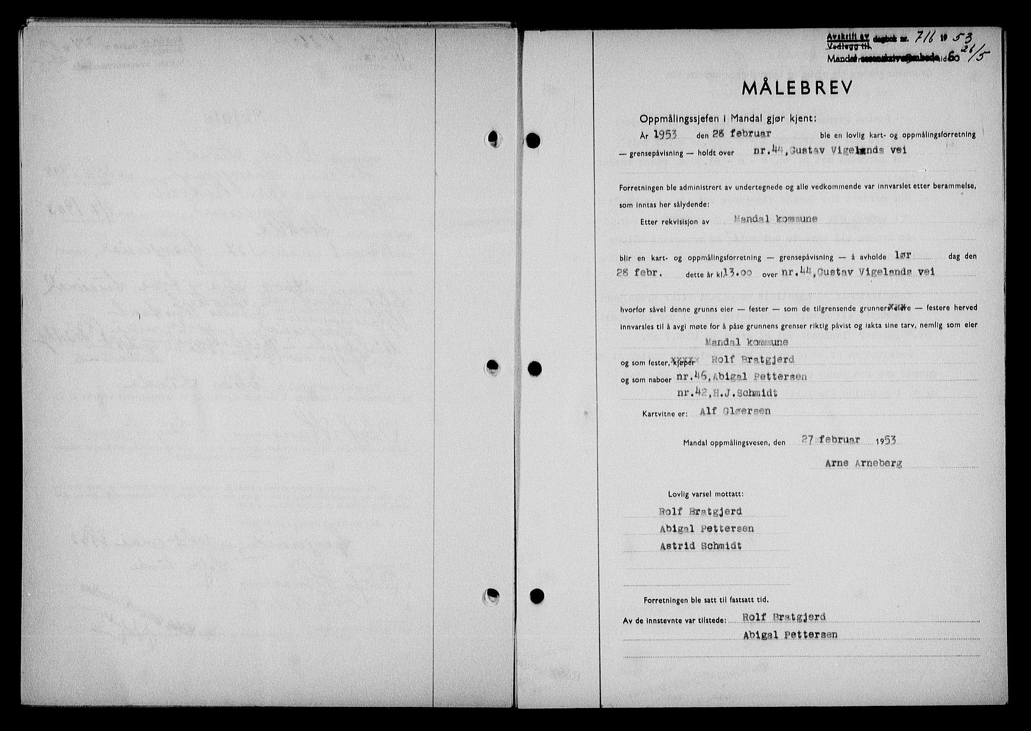 Mandal sorenskriveri, SAK/1221-0005/001/G/Gb/Gba/L0087: Mortgage book no. A-24, 1953-1953, Diary no: : 716/1953