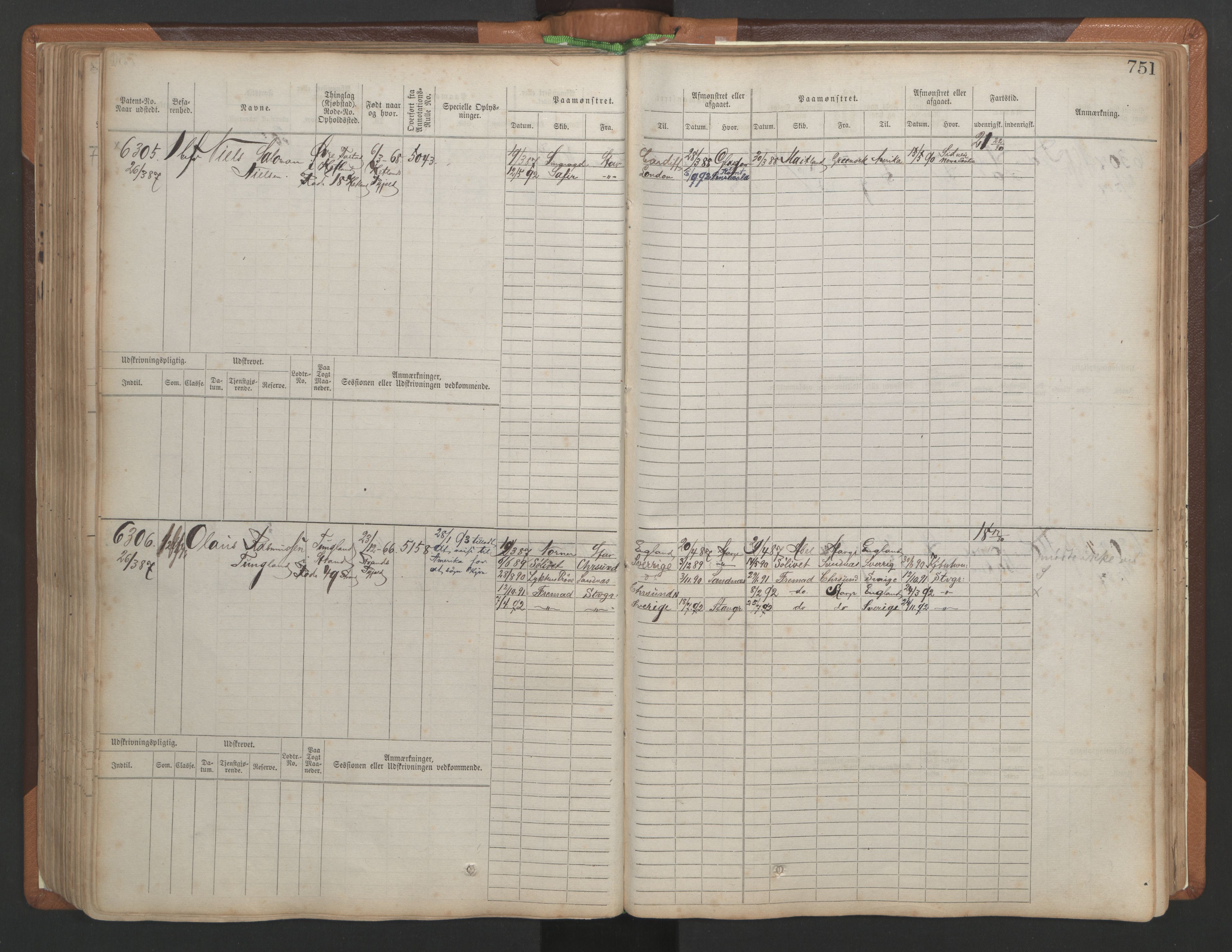 Stavanger sjømannskontor, AV/SAST-A-102006/F/Fb/Fbb/L0010: Sjøfartshovedrulle, patentnr. 6007-6606 (del 1), 1887-1896, p. 155