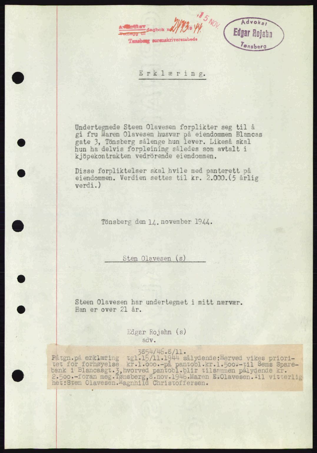 Tønsberg sorenskriveri, AV/SAKO-A-130/G/Ga/Gaa/L0016: Mortgage book no. A16, 1944-1945, Diary no: : 2473/1944