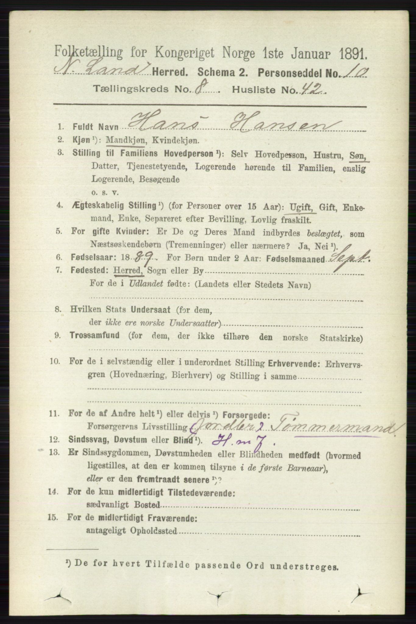 RA, 1891 census for 0538 Nordre Land, 1891, p. 2458