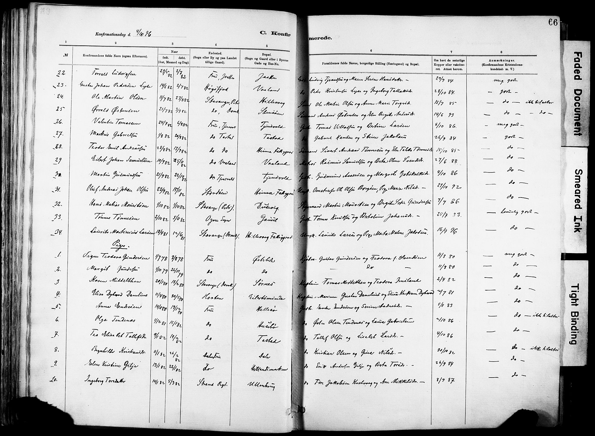 Hetland sokneprestkontor, SAST/A-101826/30/30BA/L0012: Parish register (official) no. A 12, 1882-1912, p. 66