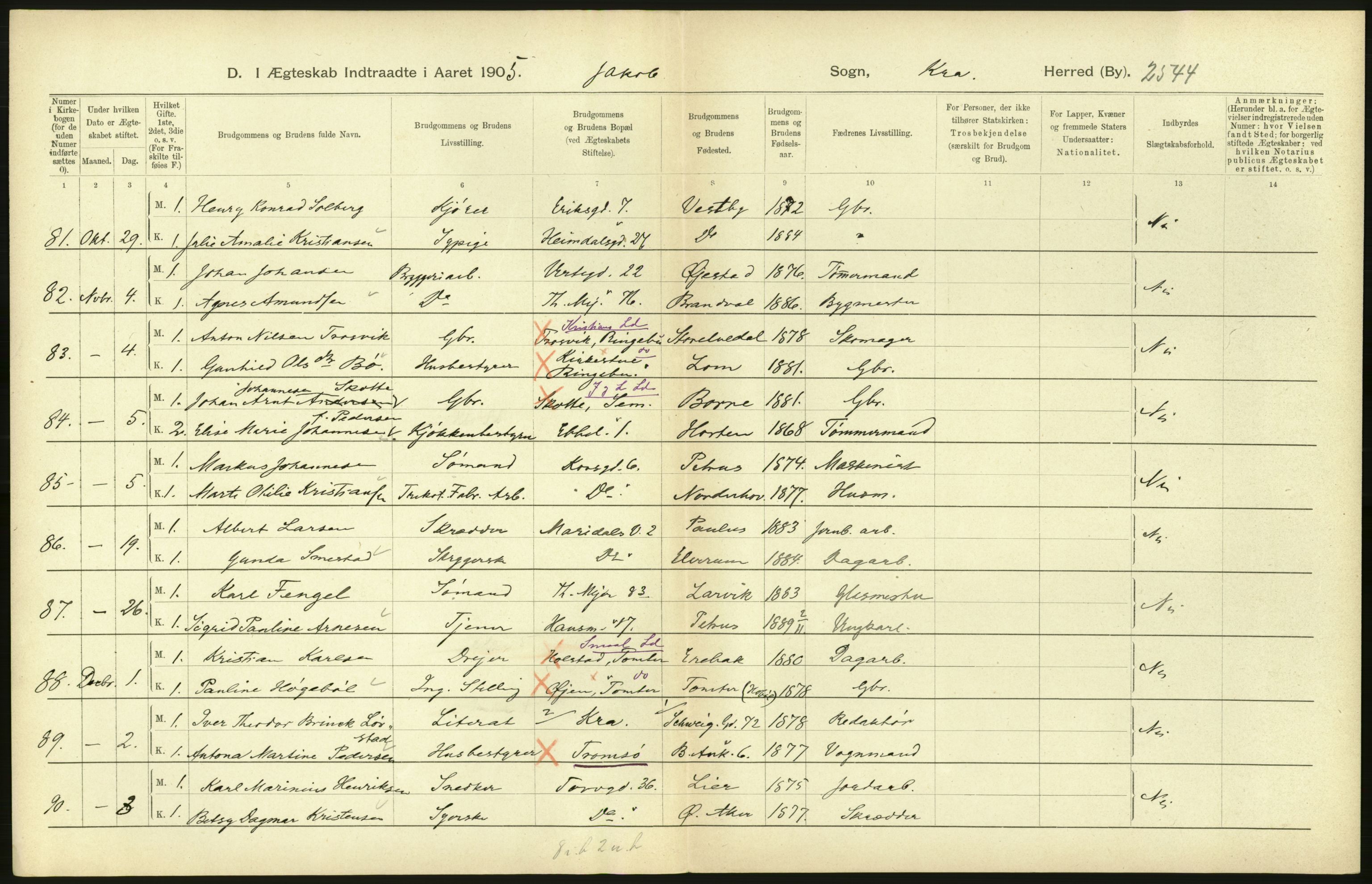 Statistisk sentralbyrå, Sosiodemografiske emner, Befolkning, AV/RA-S-2228/D/Df/Dfa/Dfac/L0007b: Kristiania: Gifte, 1905, p. 200