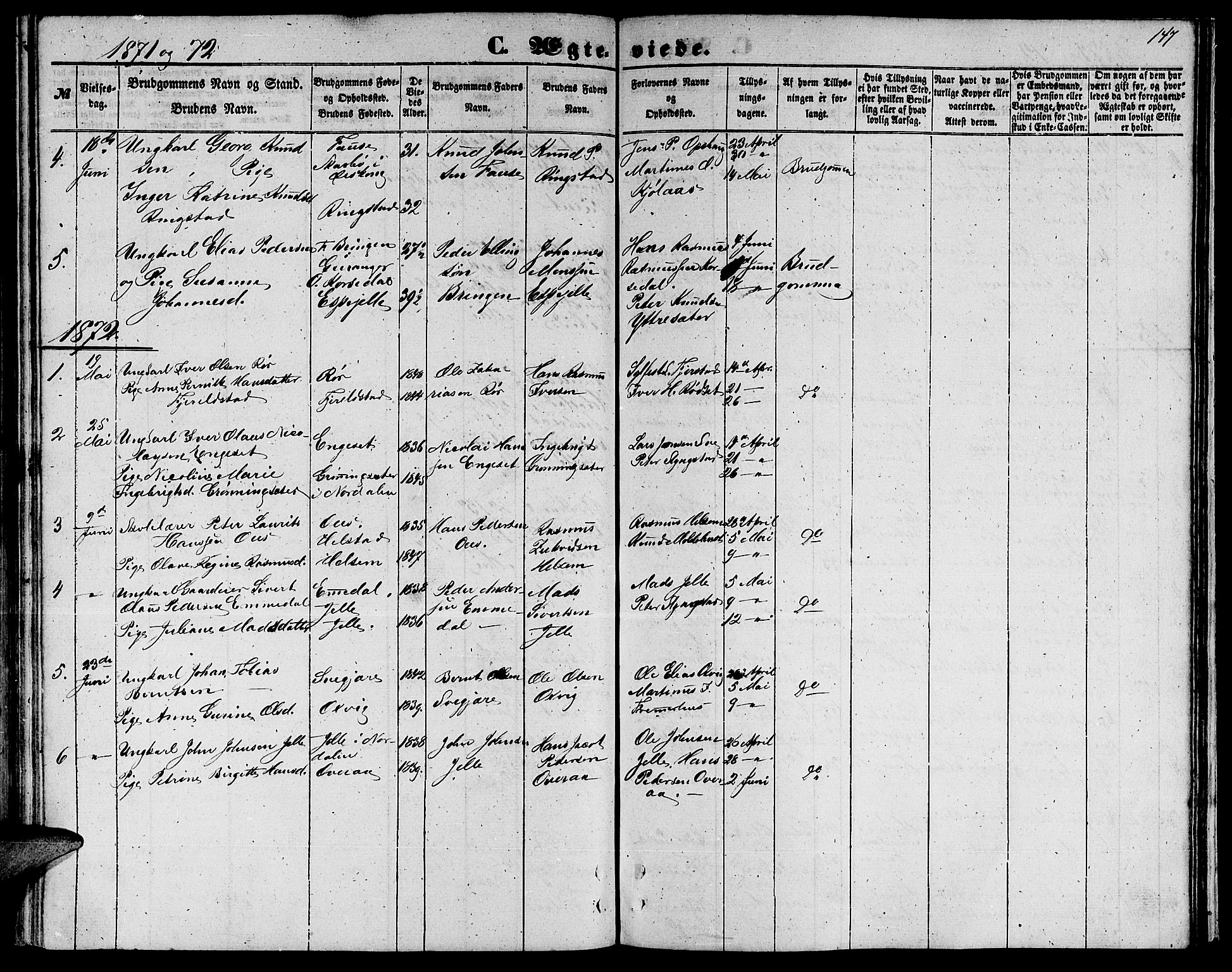 Ministerialprotokoller, klokkerbøker og fødselsregistre - Møre og Romsdal, SAT/A-1454/520/L0291: Parish register (copy) no. 520C03, 1854-1881, p. 147