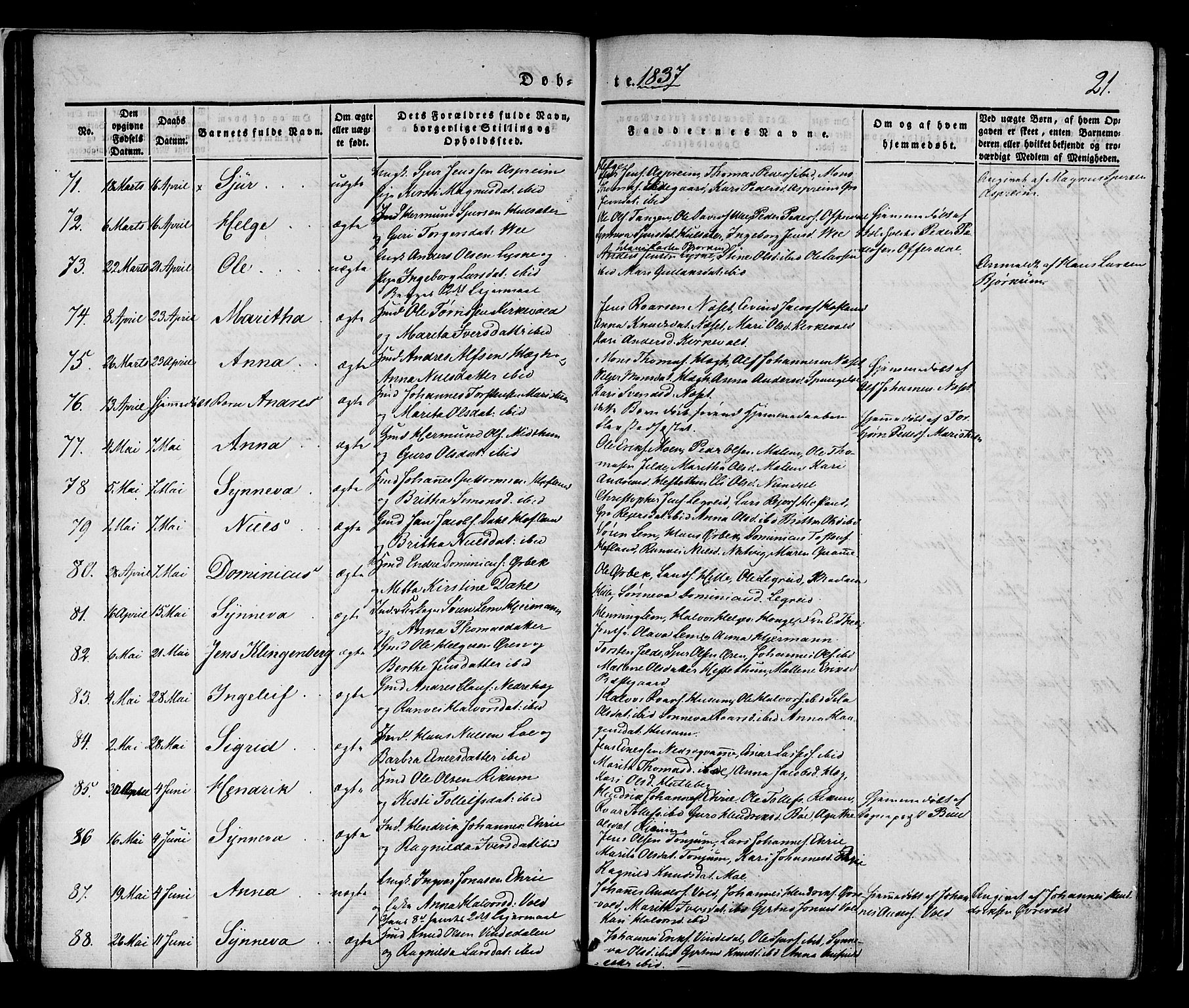 Lærdal sokneprestembete, AV/SAB-A-81201: Parish register (official) no. A 6, 1835-1849, p. 21