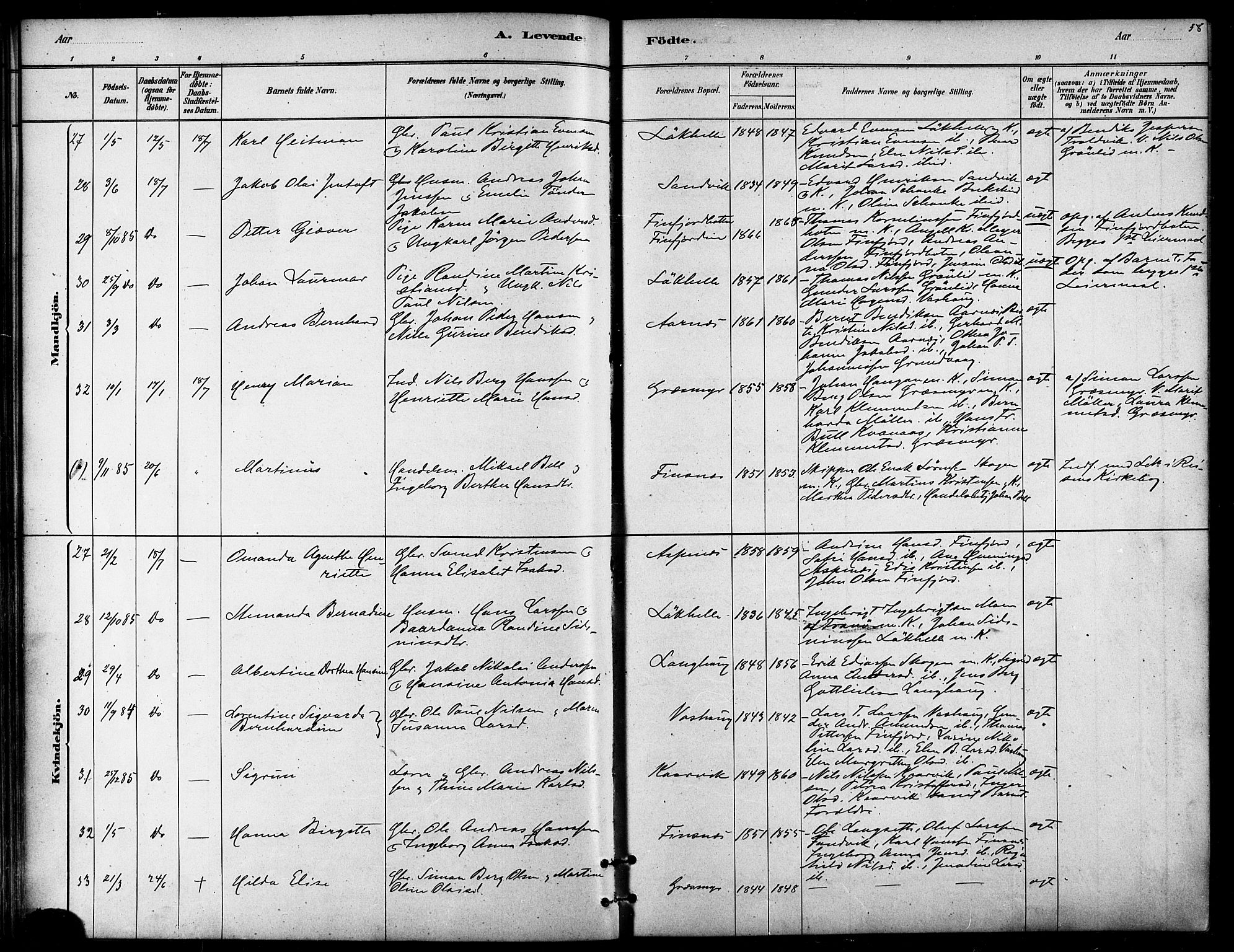 Lenvik sokneprestembete, SATØ/S-1310/H/Ha/Haa/L0011kirke: Parish register (official) no. 11, 1880-1889, p. 58