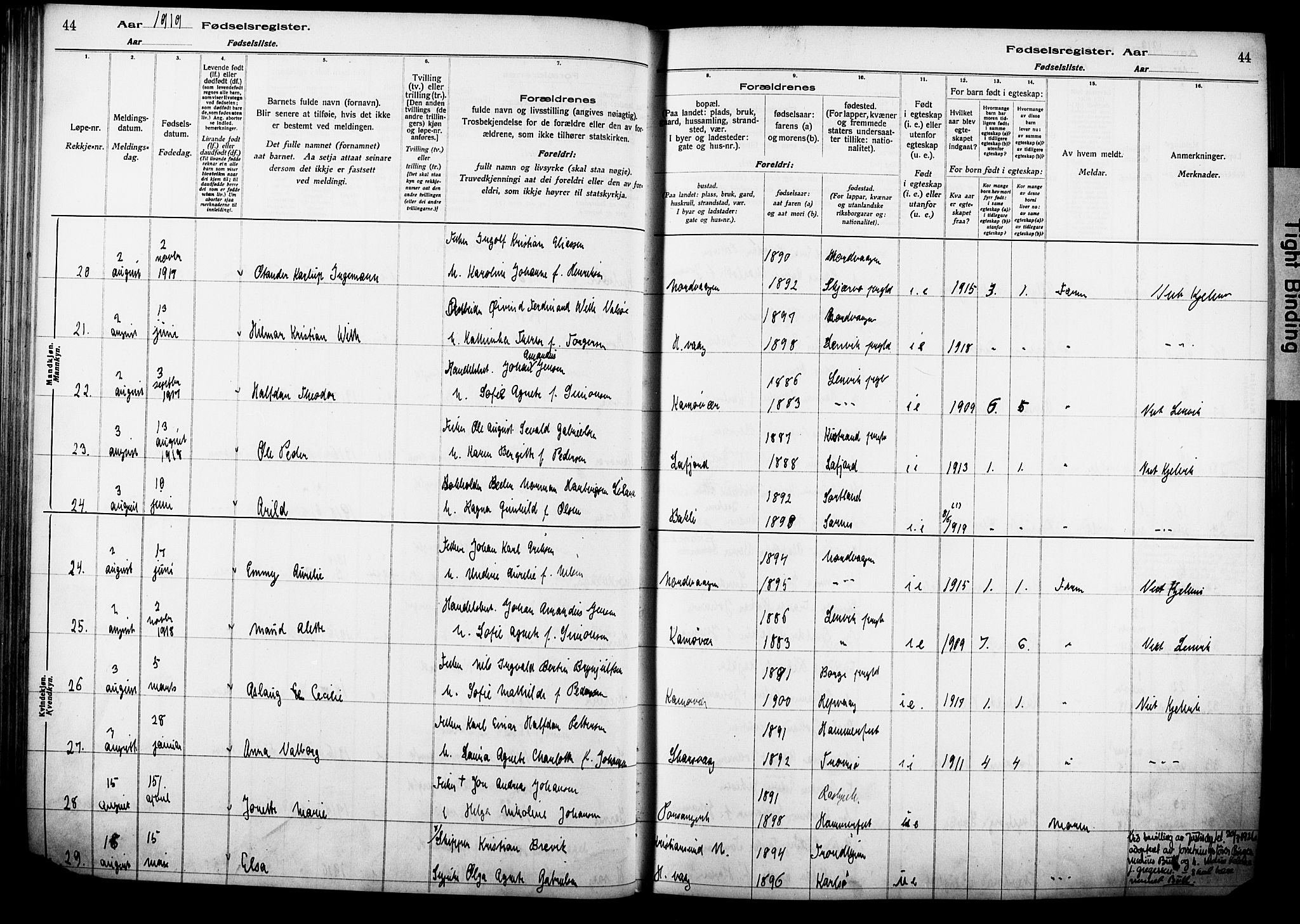 Kjelvik/Nordkapp sokneprestkontor, AV/SATØ-S-1350/I/Ia/L0015: Birth register no. 15, 1916-1930, p. 44