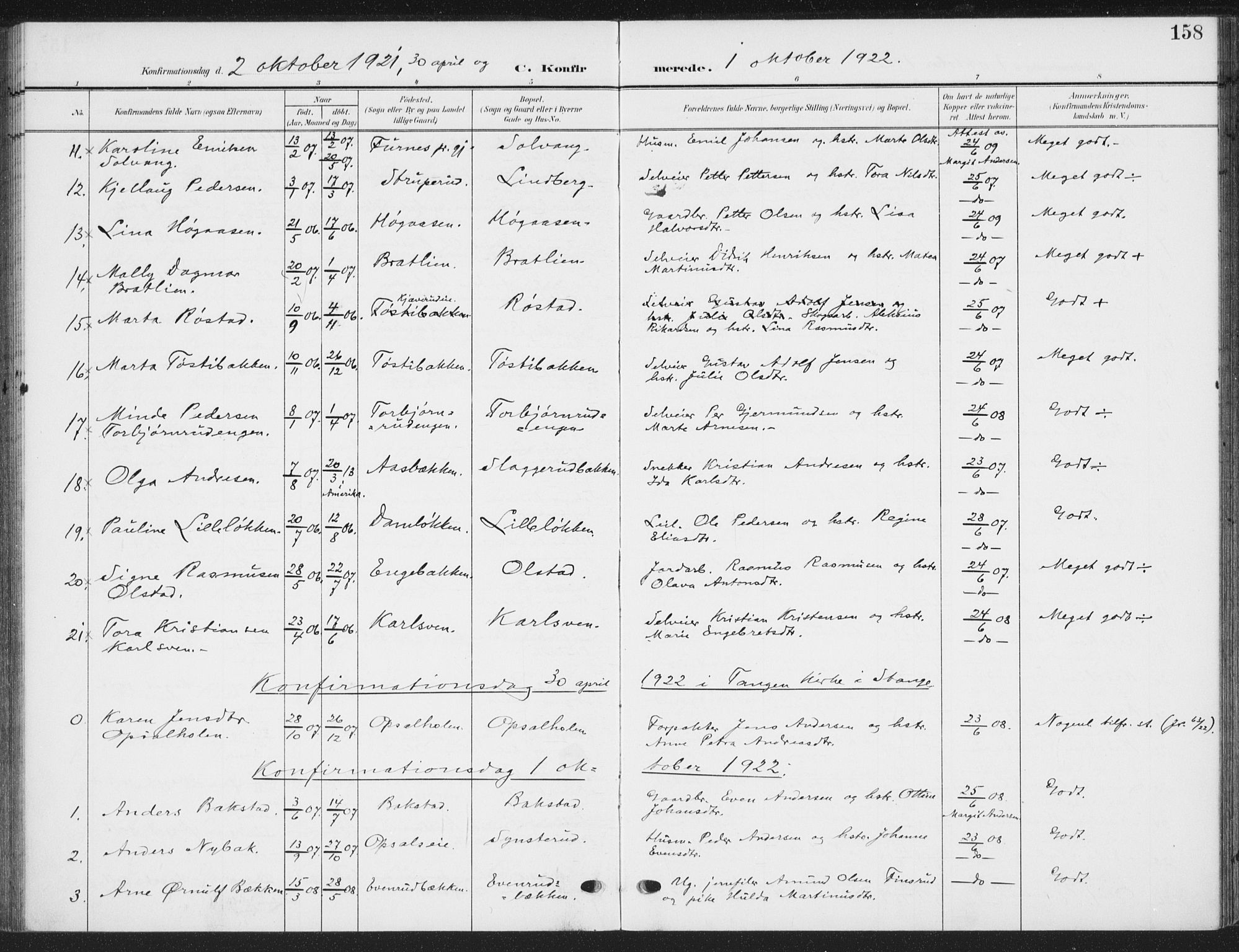 Romedal prestekontor, SAH/PREST-004/K/L0009: Parish register (official) no. 9, 1906-1929, p. 158